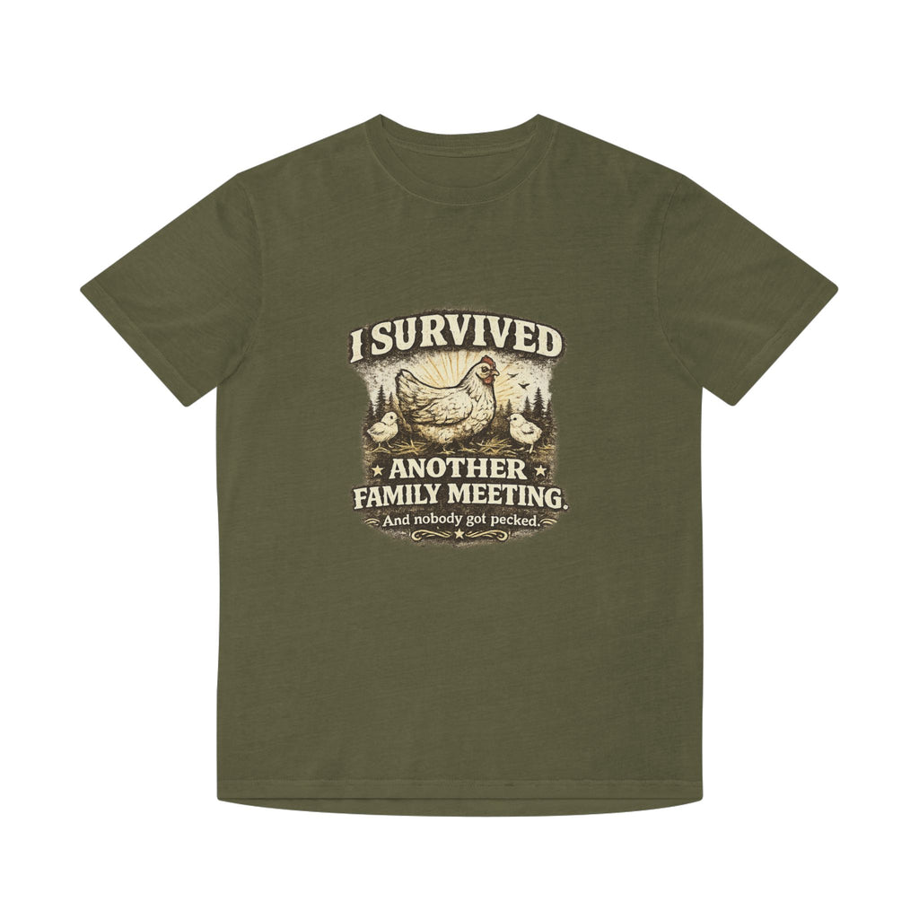 T-Shirt — "I Survived Another Family Meeting" Vintage Chicken Humor Tee