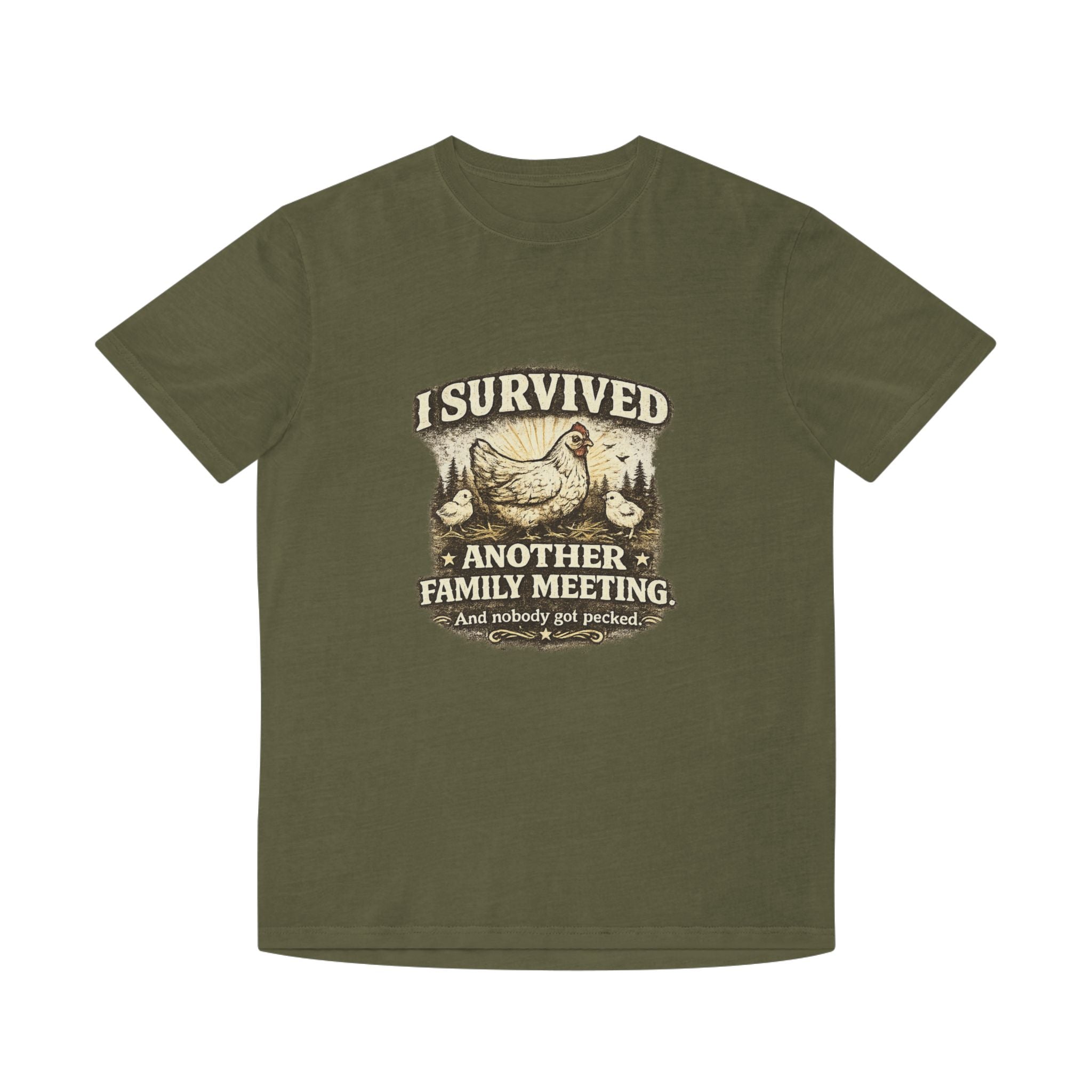 T-Shirt — "I Survived Another Family Meeting" Vintage Chicken Humor Tee