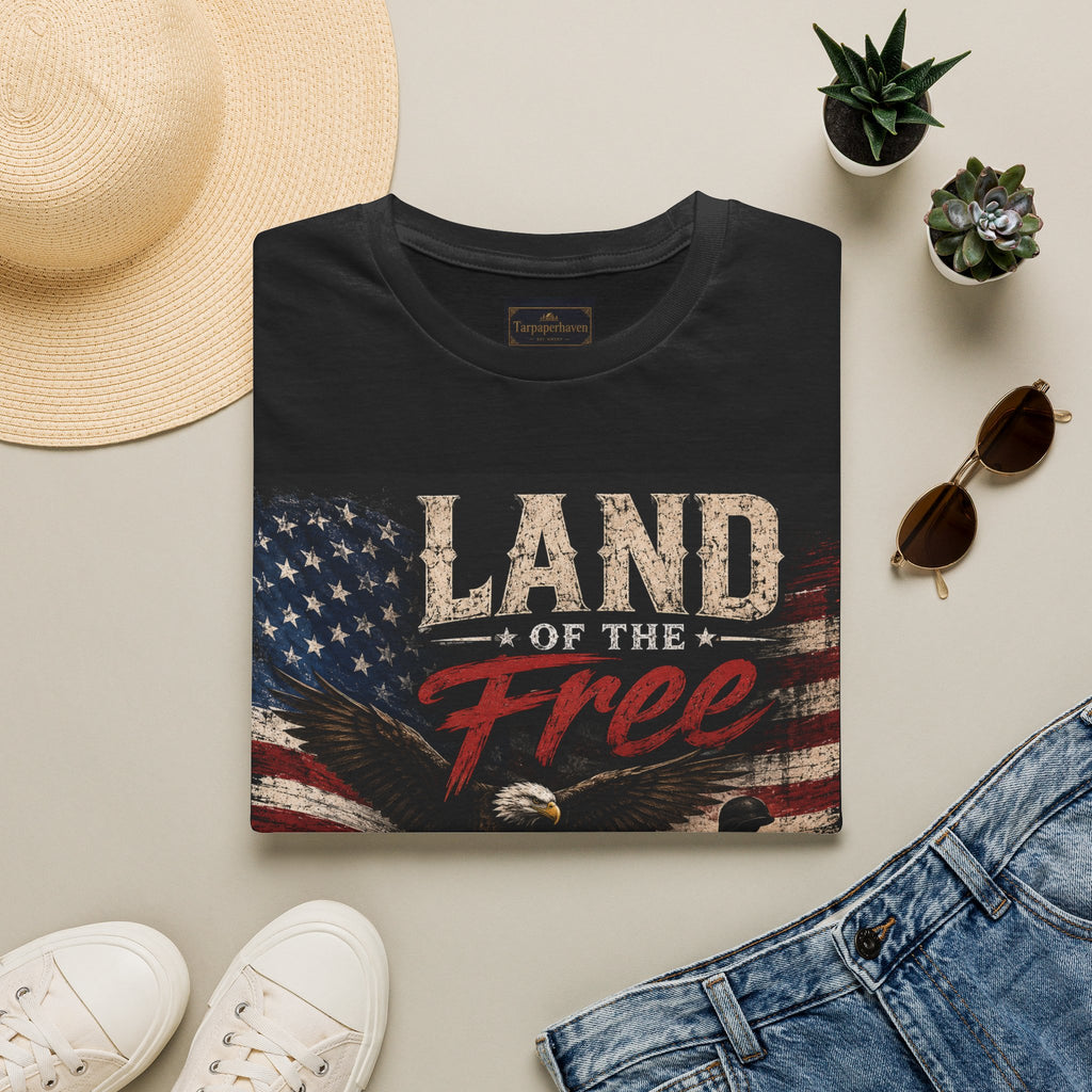 Land of the Free T‑Shirt — Vintage American Flag & Bald Eagle "Because of the Brave"