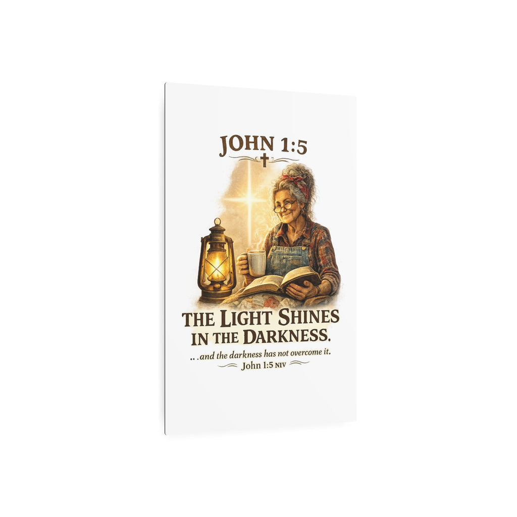 Metal Sign – John 1:5 "The Light Shines in the Darkness" Inspirational Christian Wall Art
