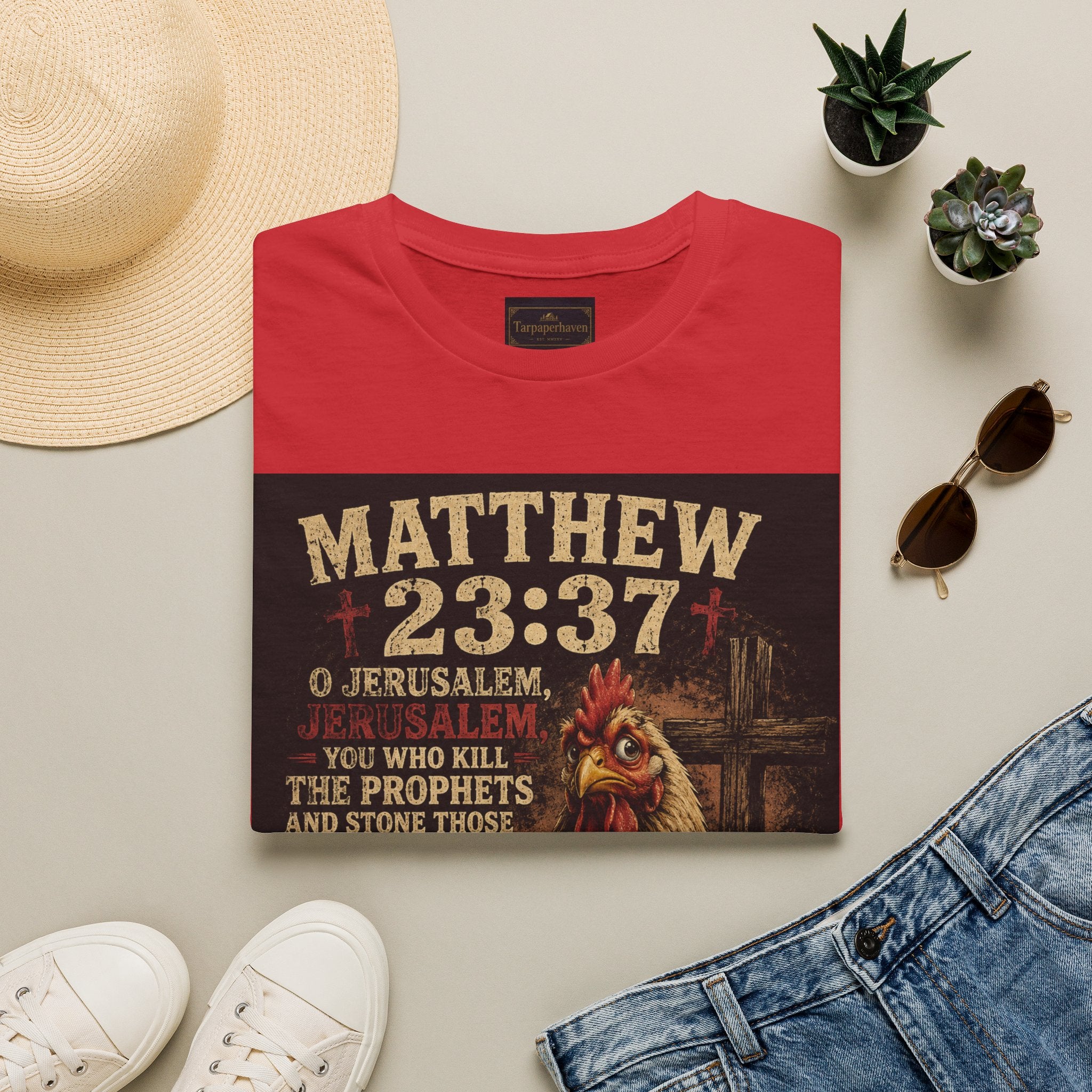 Matthew 23:37 Scripture T-Shirt — Jerusalem Biblical Verse Hen Design