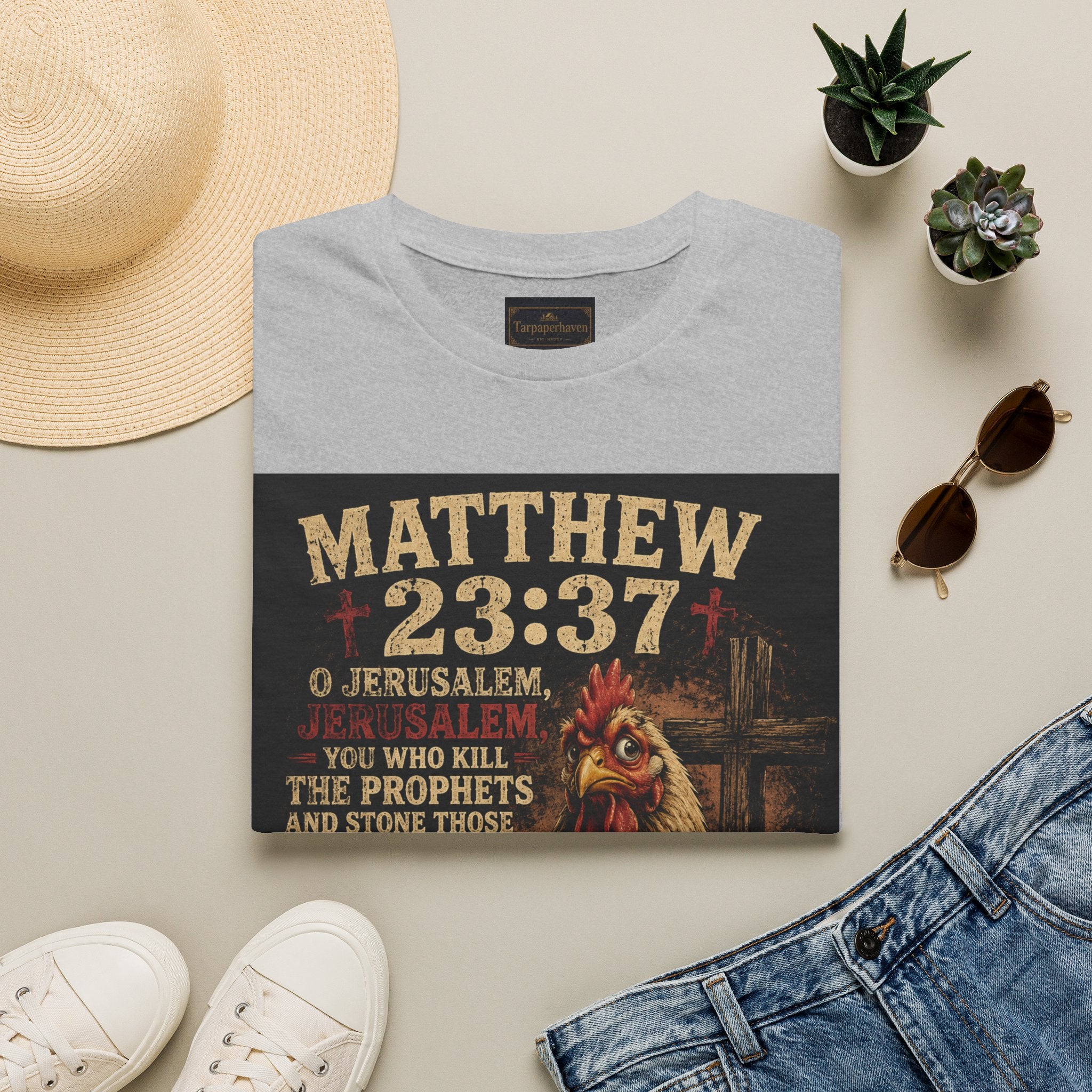 Matthew 23:37 Scripture T-Shirt — Jerusalem Biblical Verse Hen Design