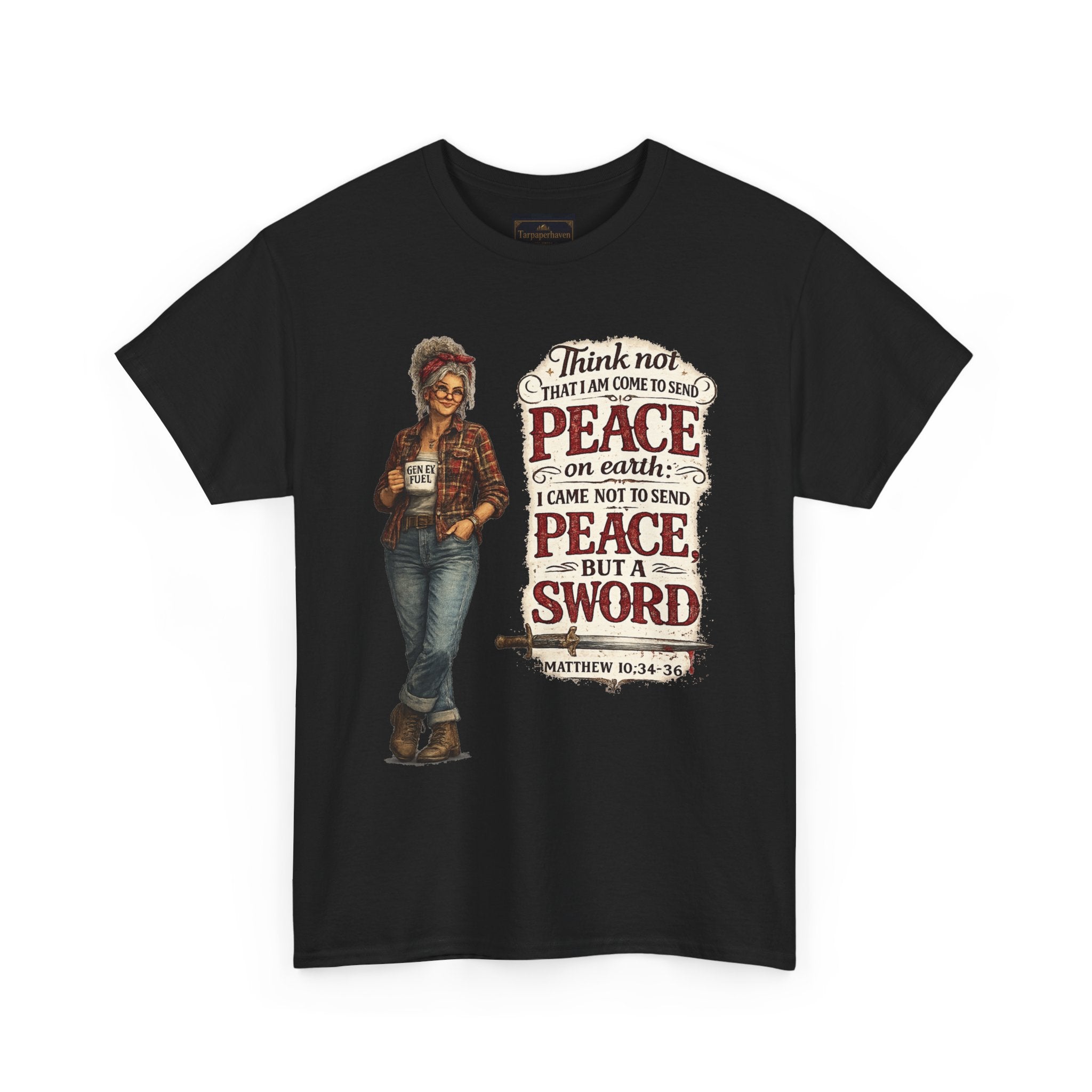 Christian Faith Tee — "I Come Not to Send Peace but a Sword" Matthew 10:34 Graphic Shirt