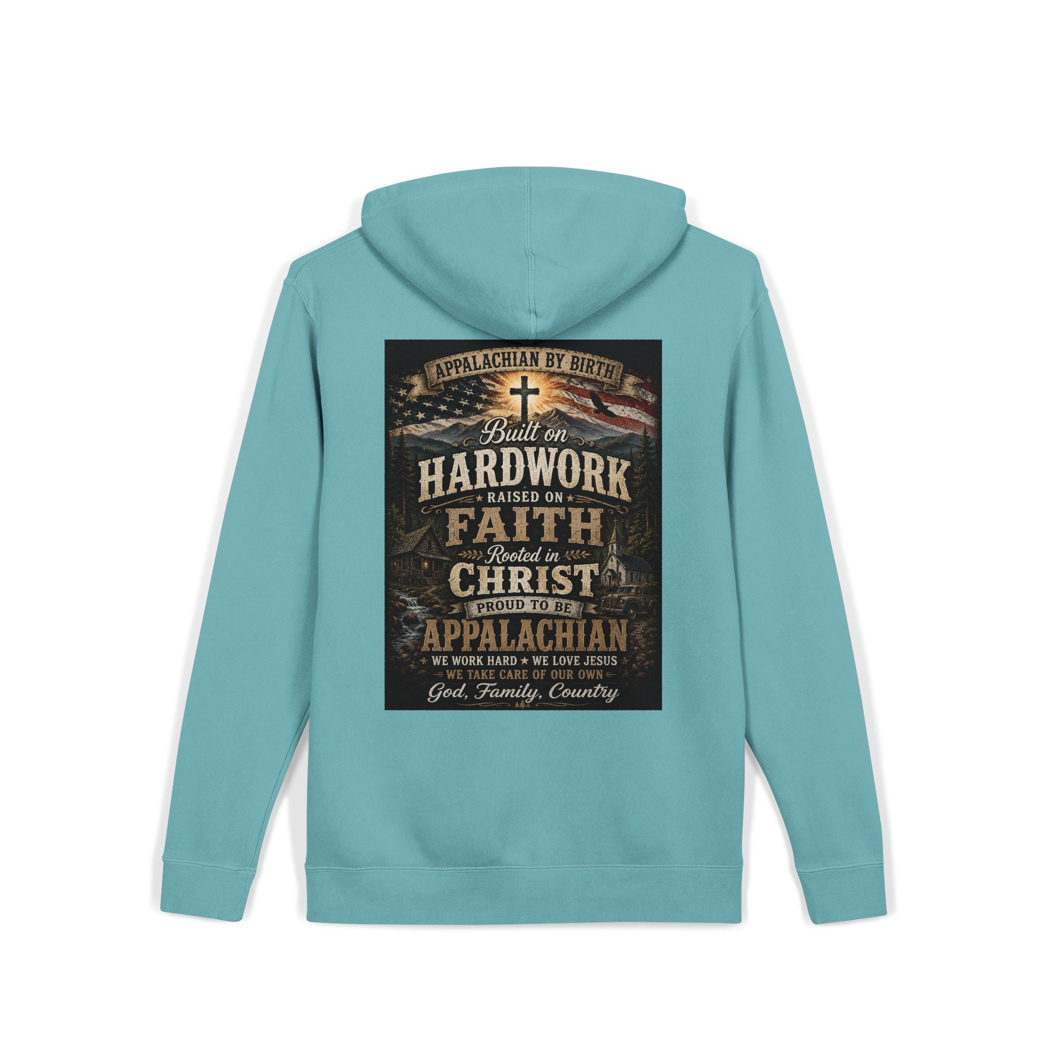 Appalachian Faith Hoodie — "Too Country to Care" Pigment-Dyed Pullover