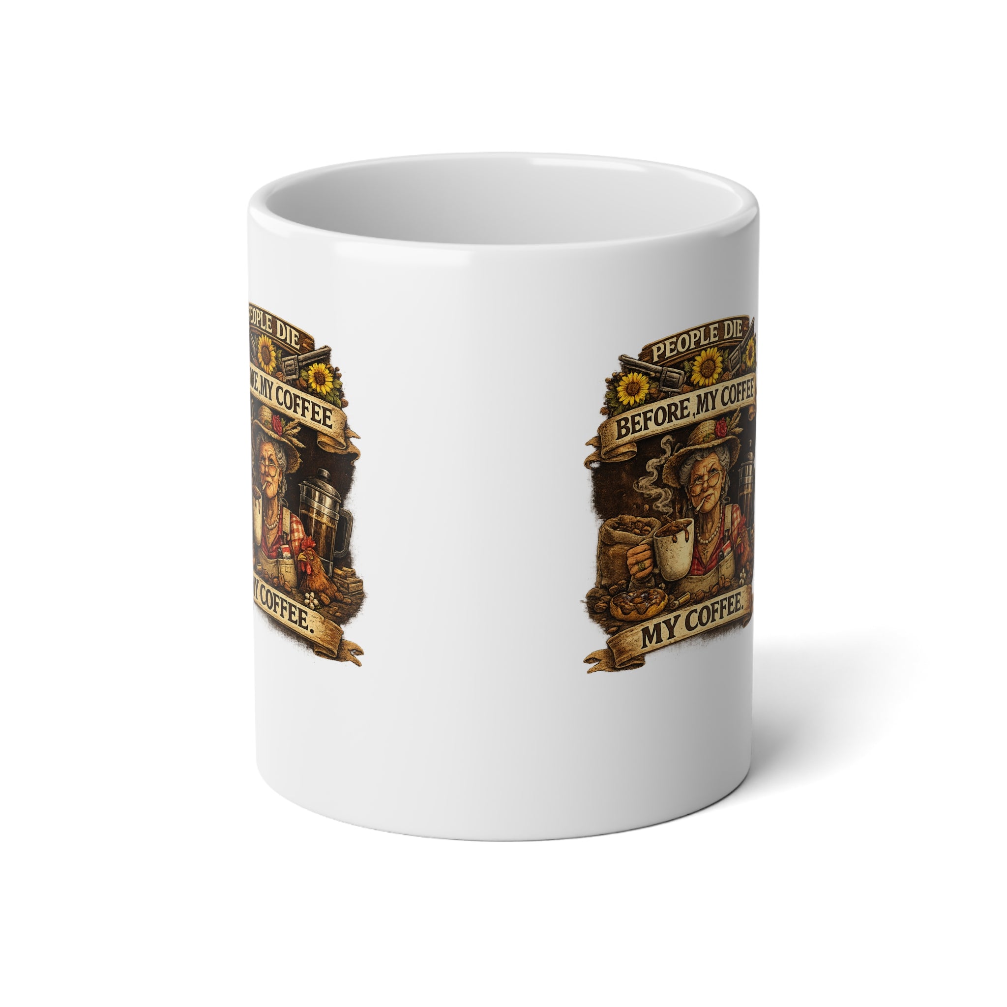20oz Jumbo Coffee Mug — "People Die Before My Coffee" Vintage Farmhouse
