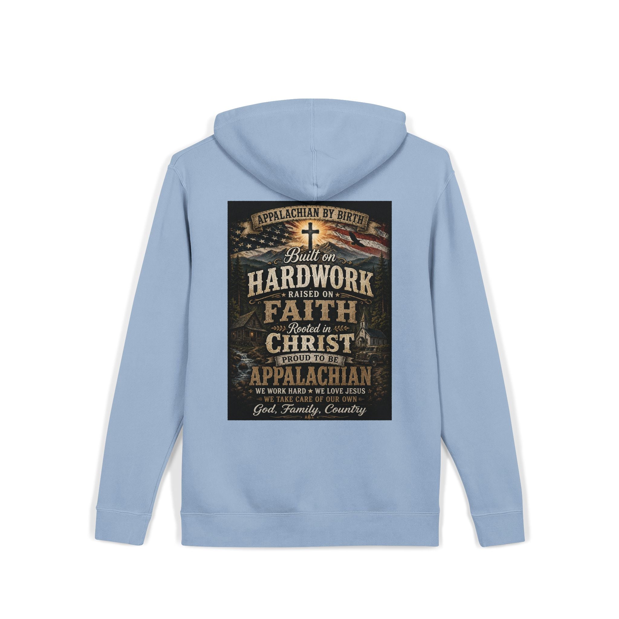 Appalachian Faith Hoodie — "Too Country to Care" Pigment-Dyed Pullover