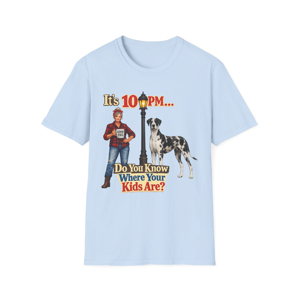 T‑Shirt — "It's 10 PM... Do You Know Where Your Kids Are?" Vintage Lamp & Dog Graphic