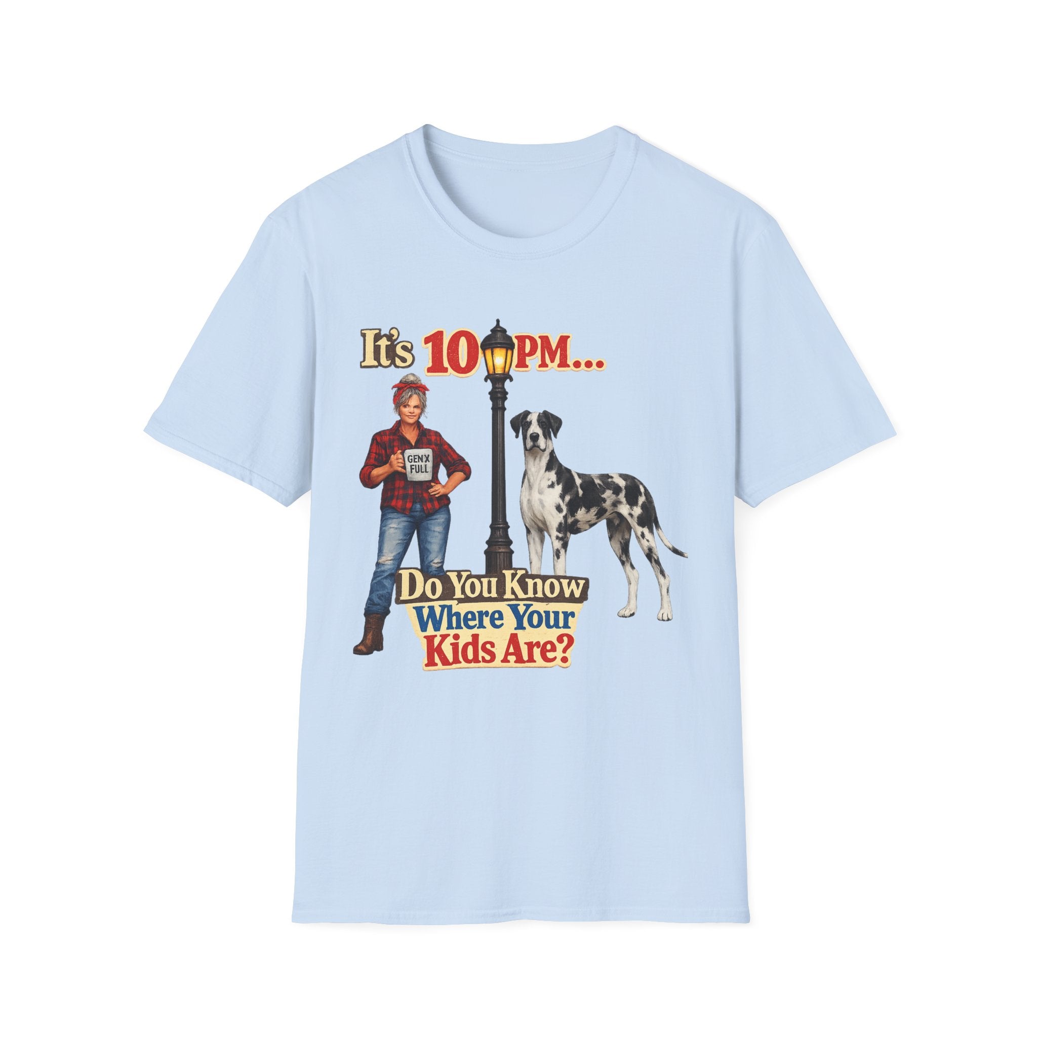 T‑Shirt — "It's 10 PM... Do You Know Where Your Kids Are?" Vintage Lamp & Dog Graphic