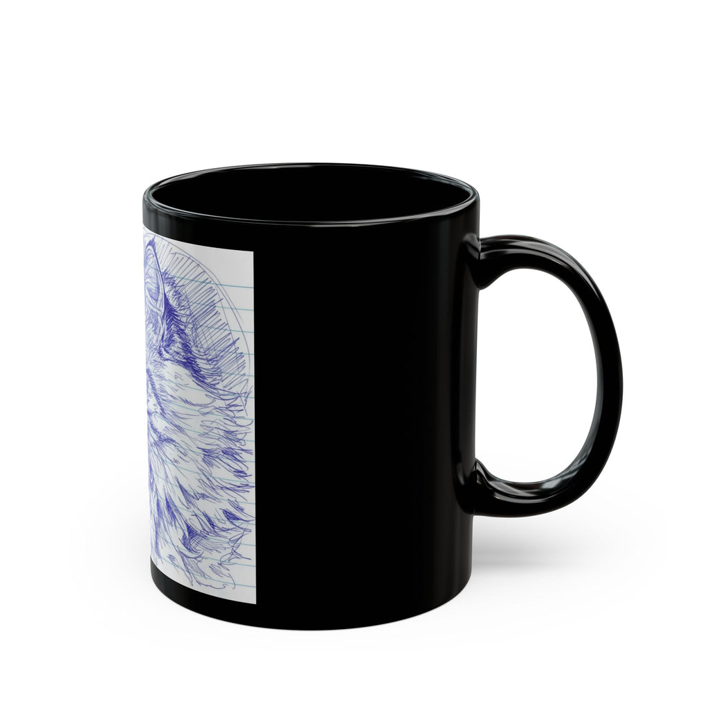 Blue Pen Sketch Cat Mug — Black Ceramic Coffee Cup (11oz/15oz)