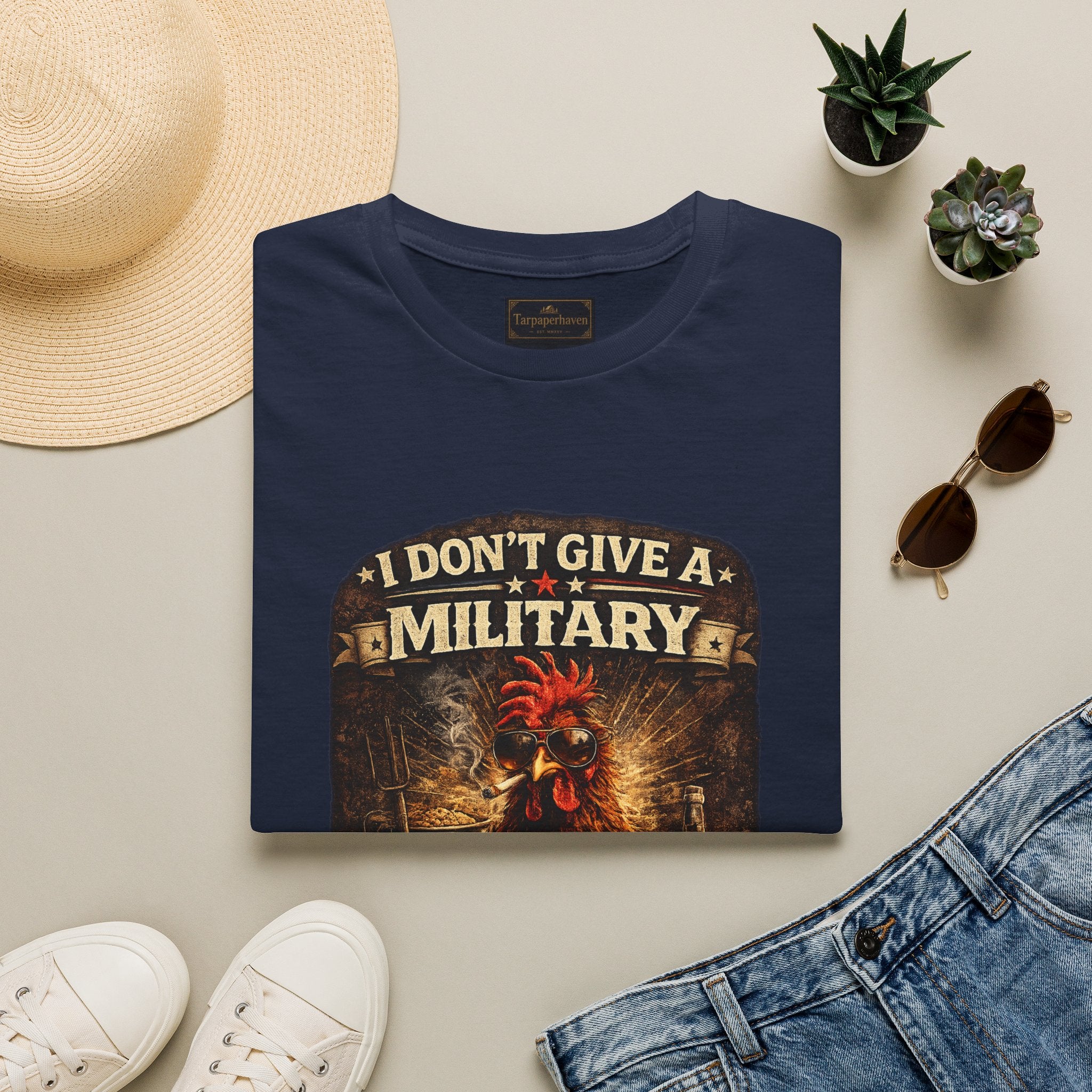 T‑Shirt — "I Don't Give A Military Cluck" Rooster Graphic Tee
