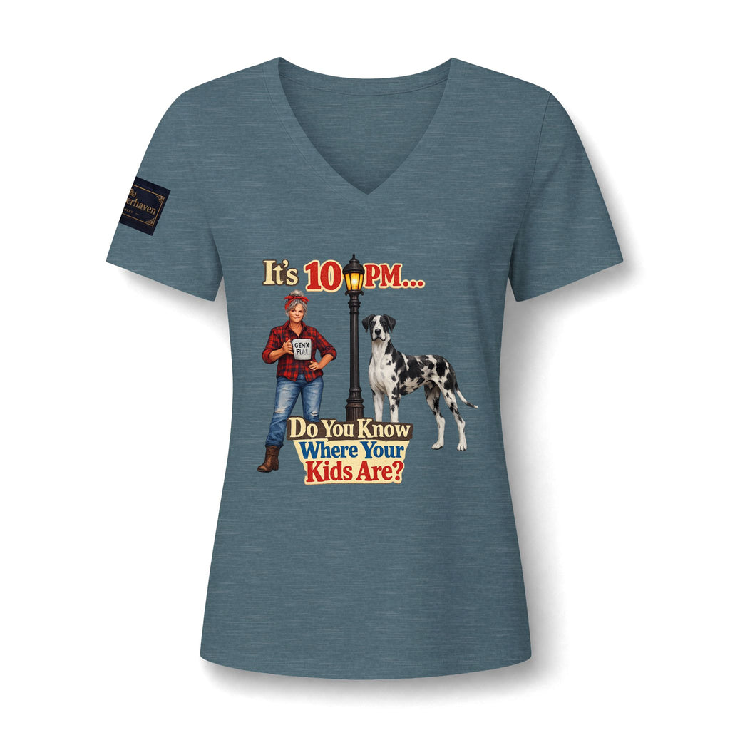 V-Neck Tee — "It's 10 PM... Do You Know Where Your Kids Are?" Retro Dog Graphic