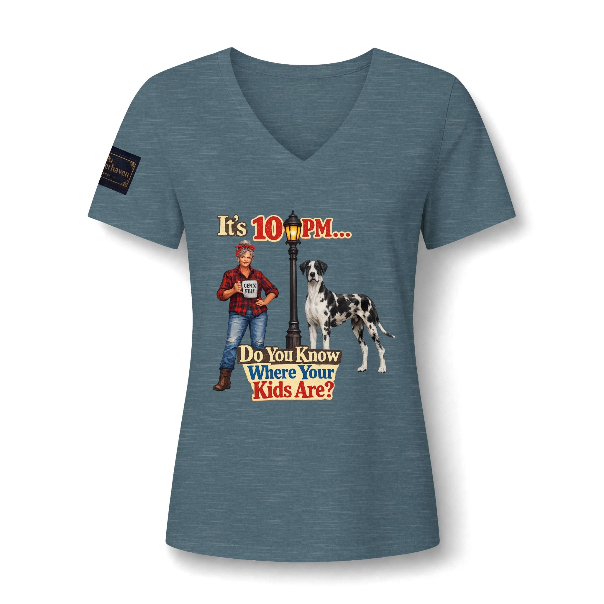 V-Neck Tee — "It's 10 PM... Do You Know Where Your Kids Are?" Retro Dog Graphic
