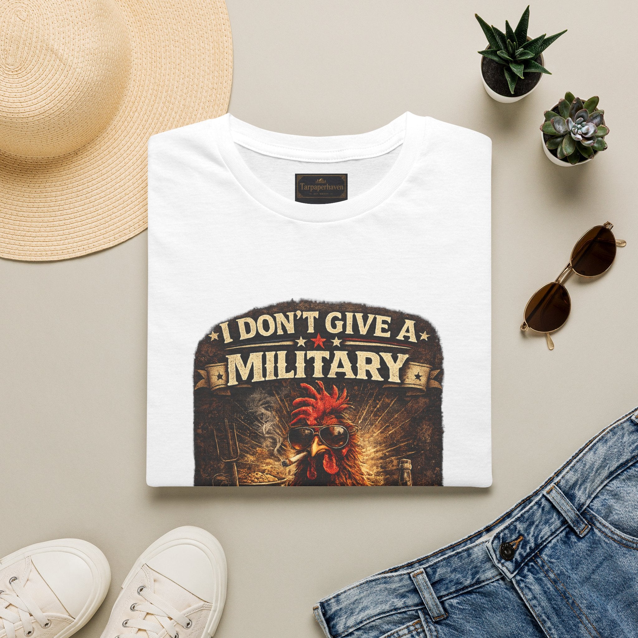 T‑Shirt — "I Don't Give A Military Cluck" Rooster Graphic Tee