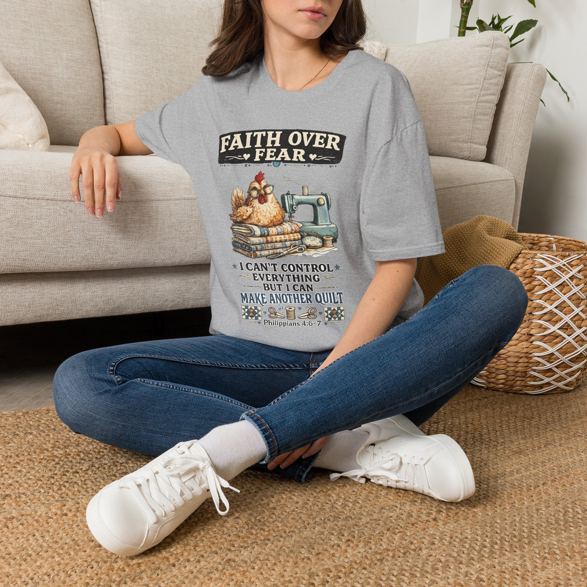 Faith Over Fear Quilting T‑Shirt — Chicken & Sewing Machine Graphic