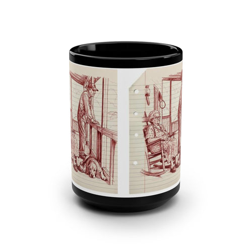 15oz Black Mug — Redwork Sketch Hill Folk  Coffee Cup