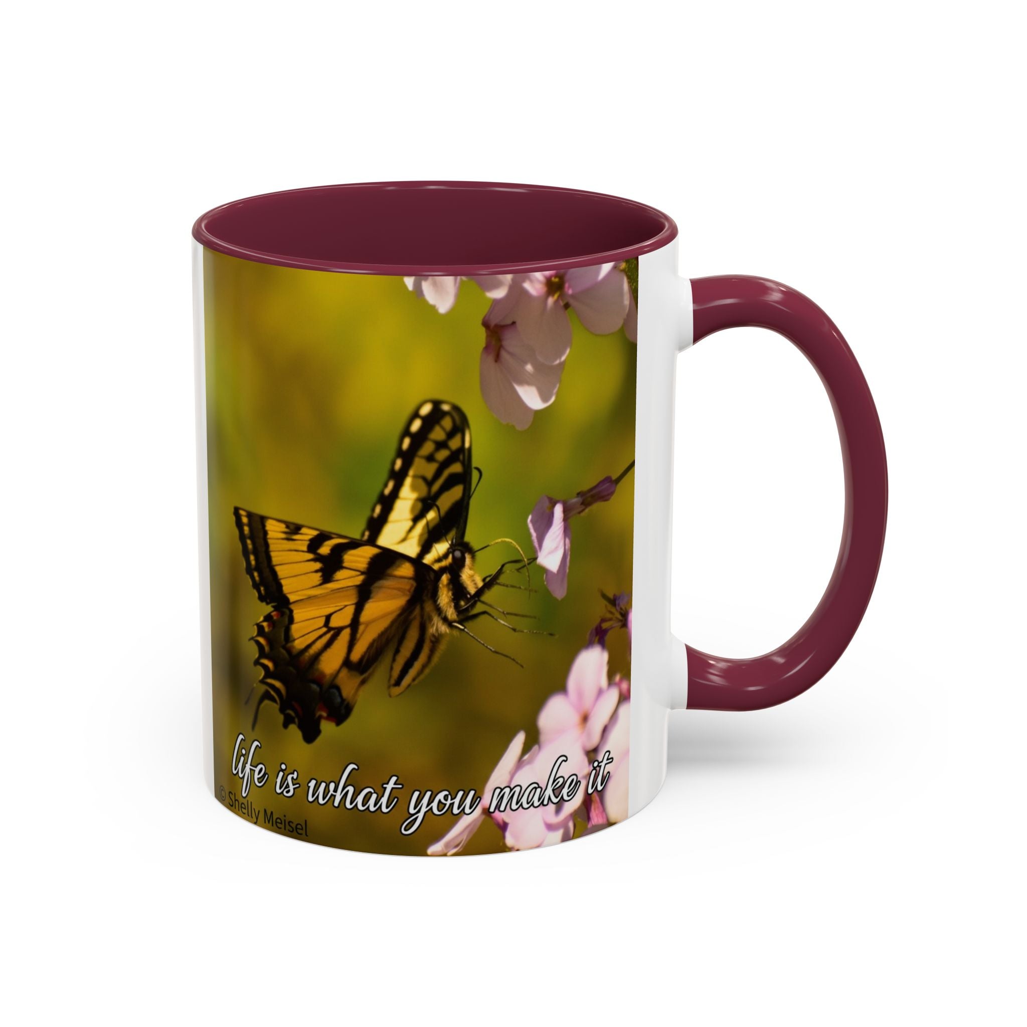 Butterfly Floral Mug — "Life Is What You Make It" Inspirational Coffee Cup