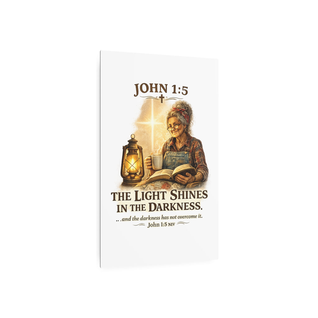 Metal Sign – John 1:5 "The Light Shines in the Darkness" Inspirational Christian Wall Art