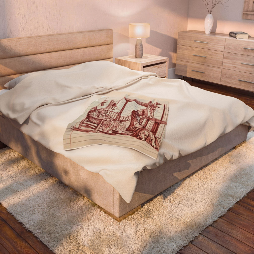 Red work Portrait Velveteen Plush Blanket — Vintage Sketch of Elder Couple & Dog