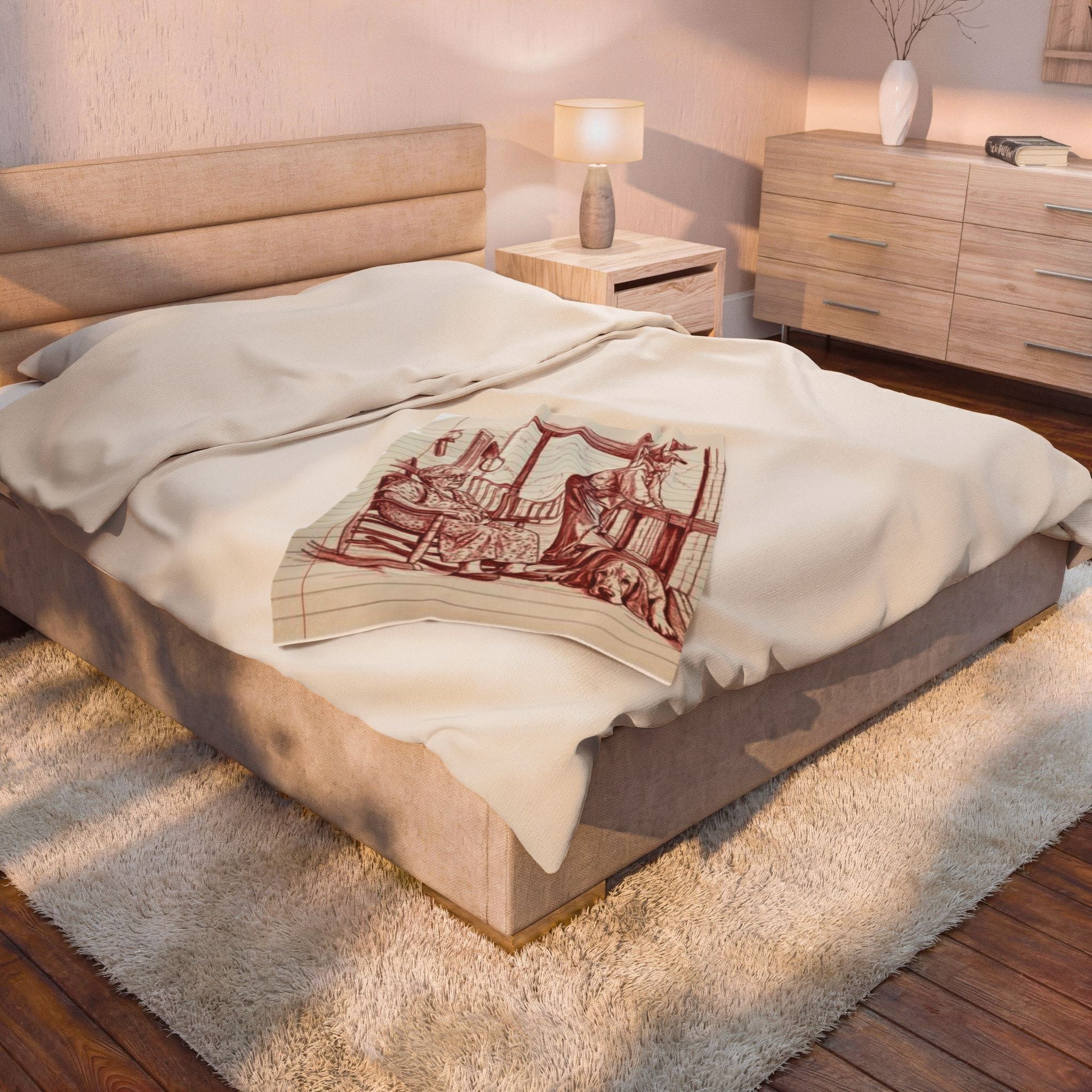 Red work Portrait Velveteen Plush Blanket — Vintage Sketch of Elder Couple & Dog