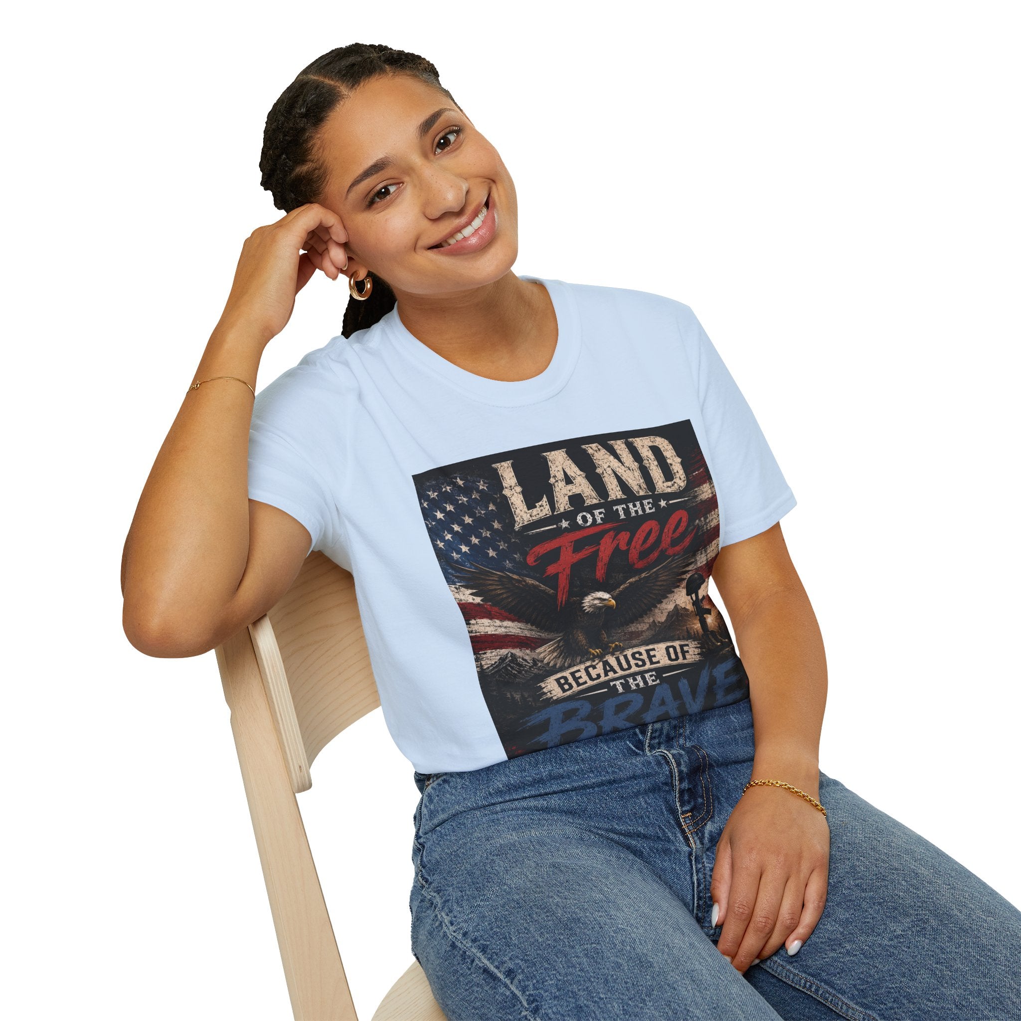 Land of the Free T‑Shirt — Vintage American Flag & Bald Eagle "Because of the Brave"