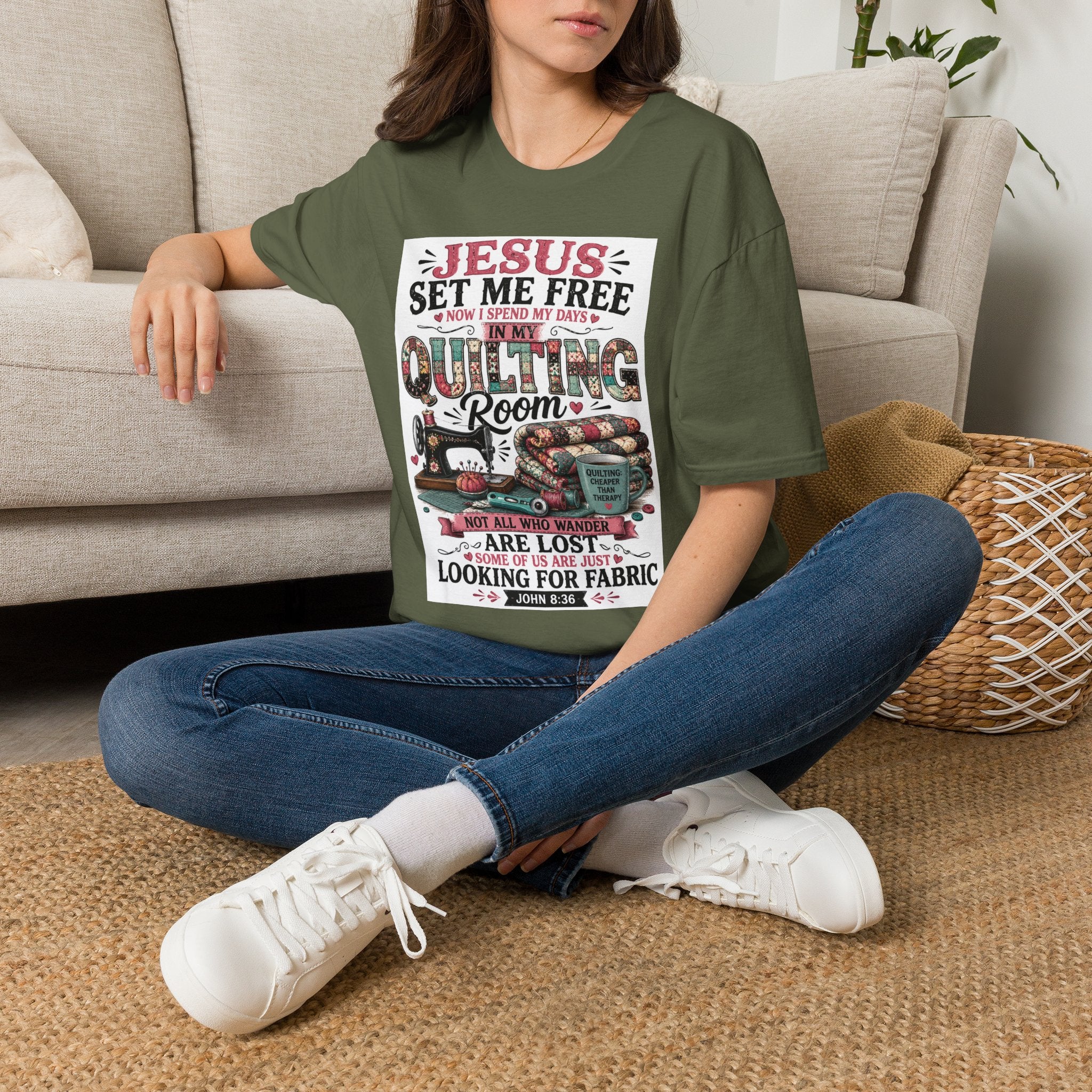 Quilting T-Shirt — "Jesus Set Me Free" Faithful Quilter Tee