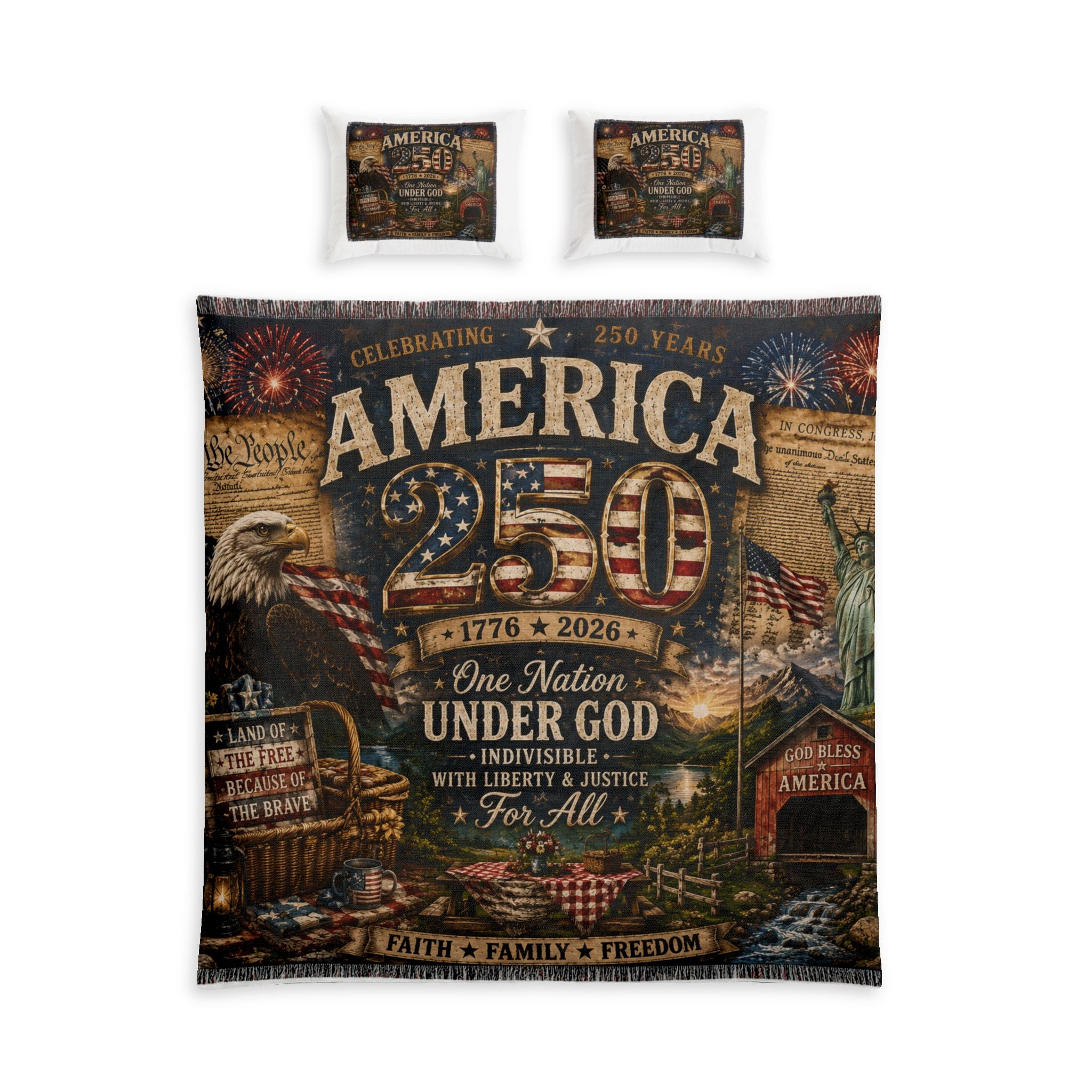 America 250 Cotton Bed Set — Patriotic 1776-2026 One Nation Under God Duvet Cover