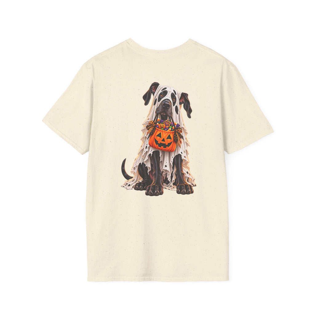 Halloween Dog T-Shirt — Great Dane with Pumpkin Candy Pail