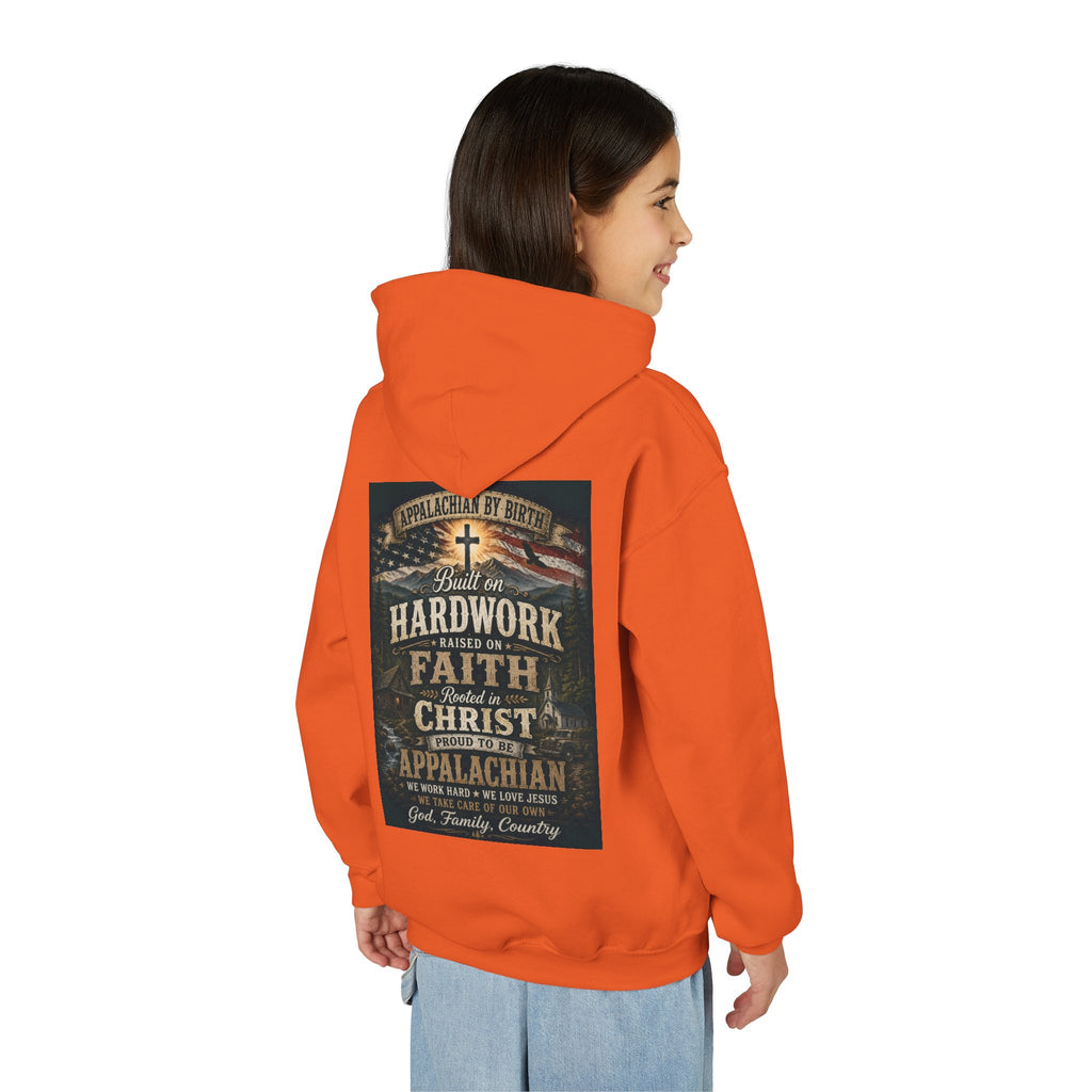 Youth Hoodie — 'Too Country to Care' / Appalachian Faith Graphic