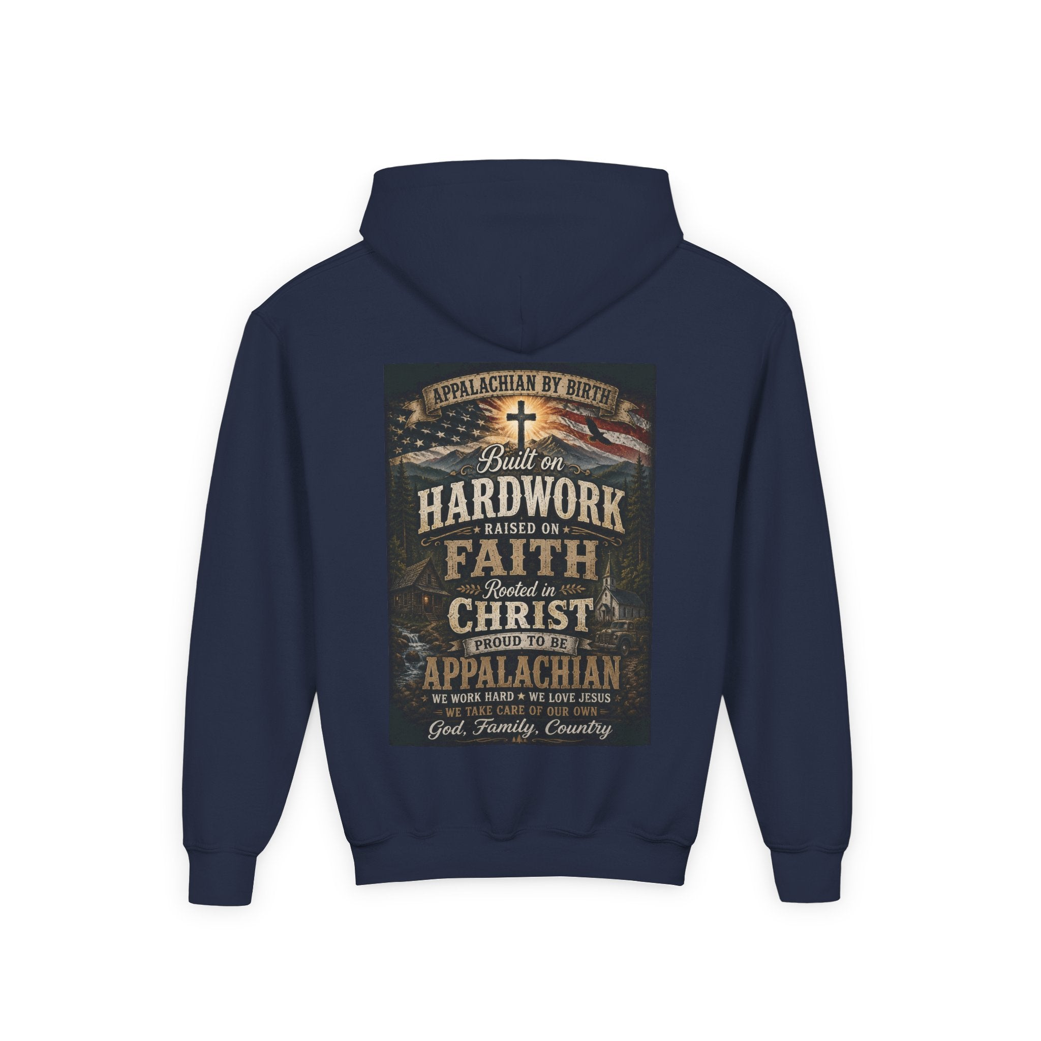 Youth Hoodie — 'Too Country to Care' / Appalachian Faith Graphic