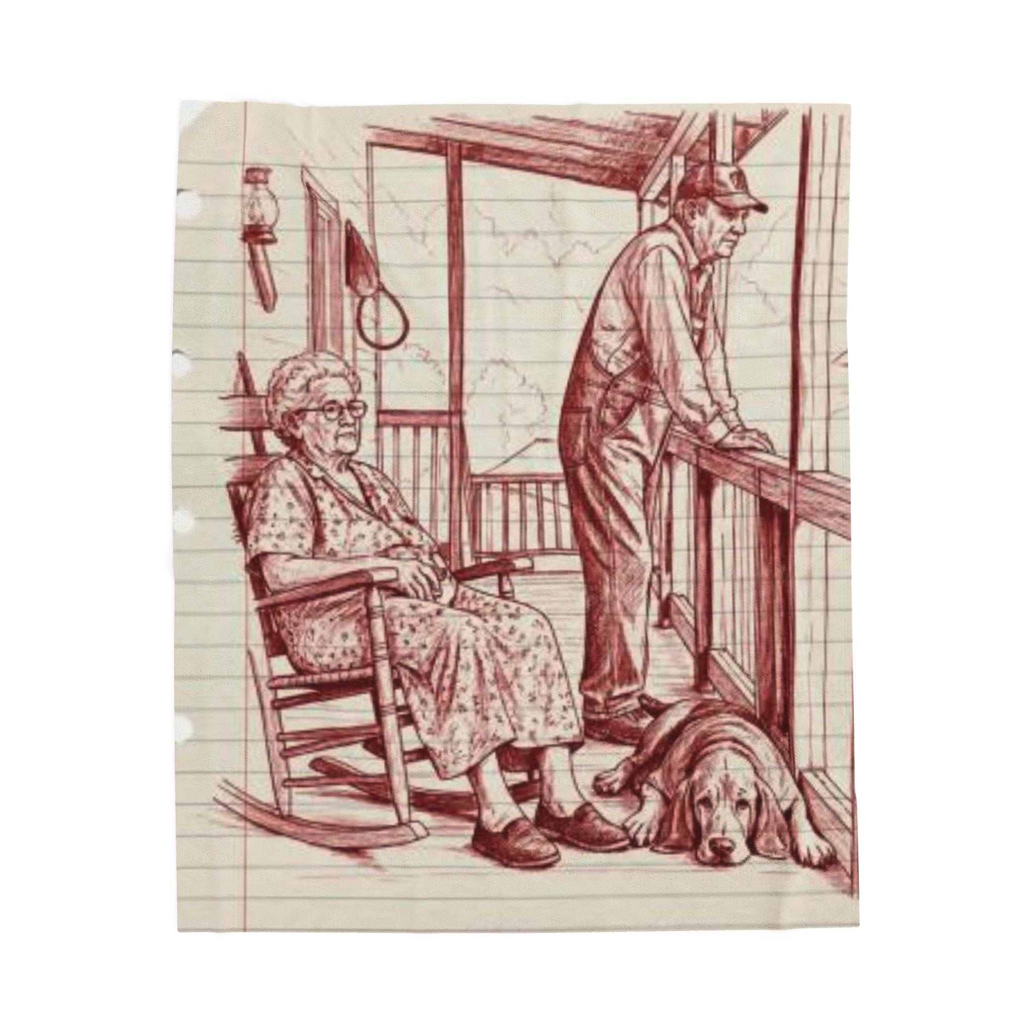 Red work Portrait Velveteen Plush Blanket — Vintage Sketch of Elder Couple & Dog