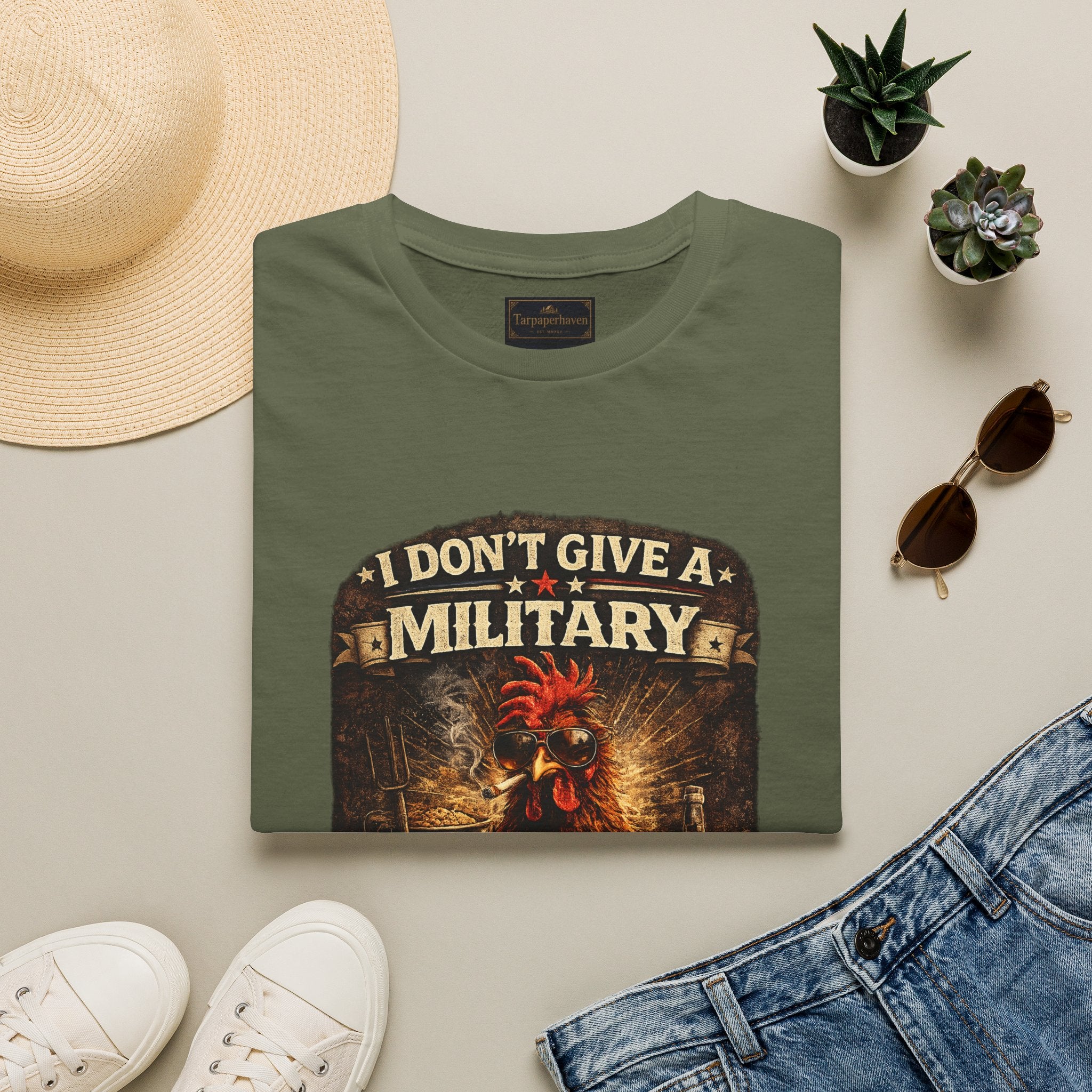 T‑Shirt — "I Don't Give A Military Cluck" Rooster Graphic Tee