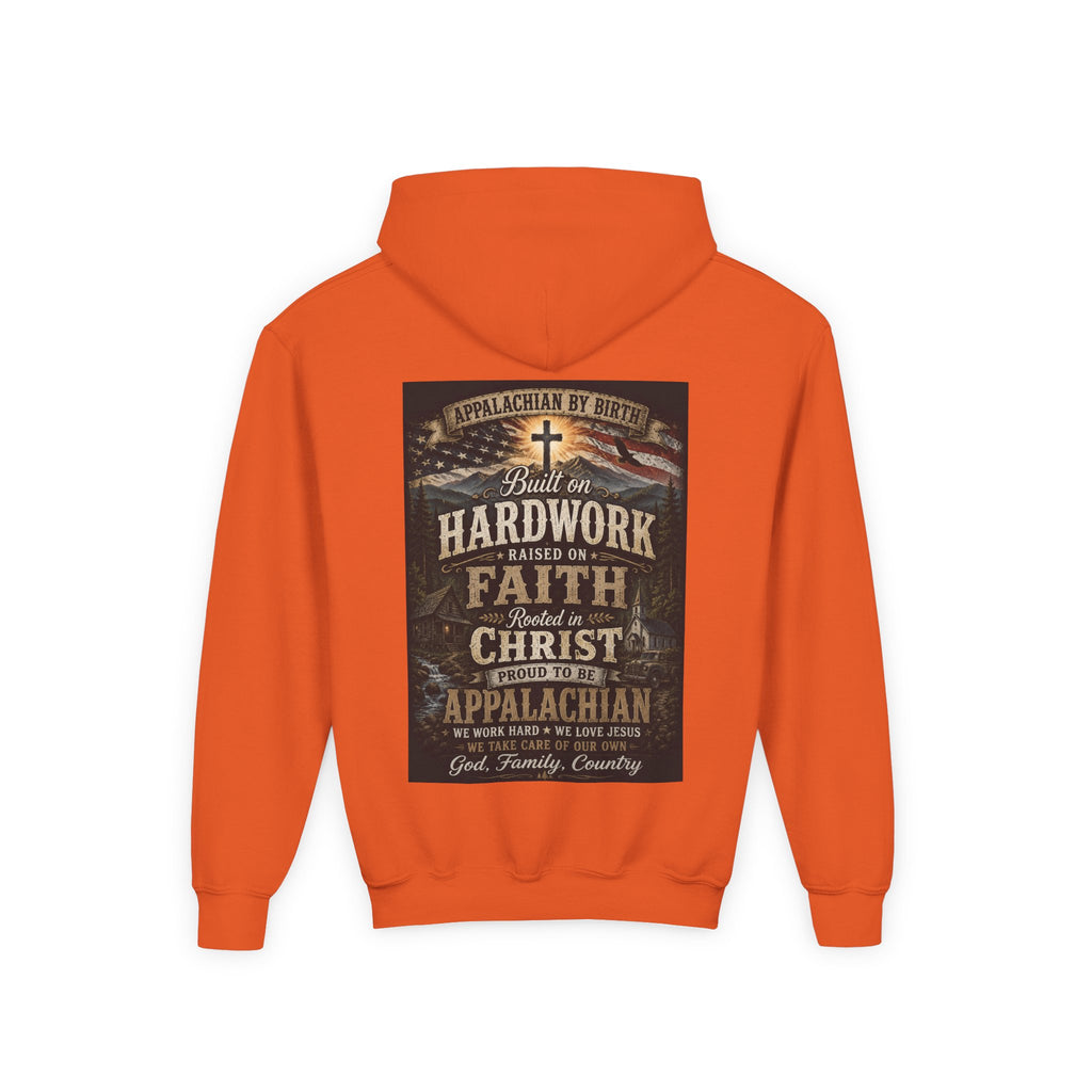 Youth Hoodie — 'Too Country to Care' / Appalachian Faith Graphic