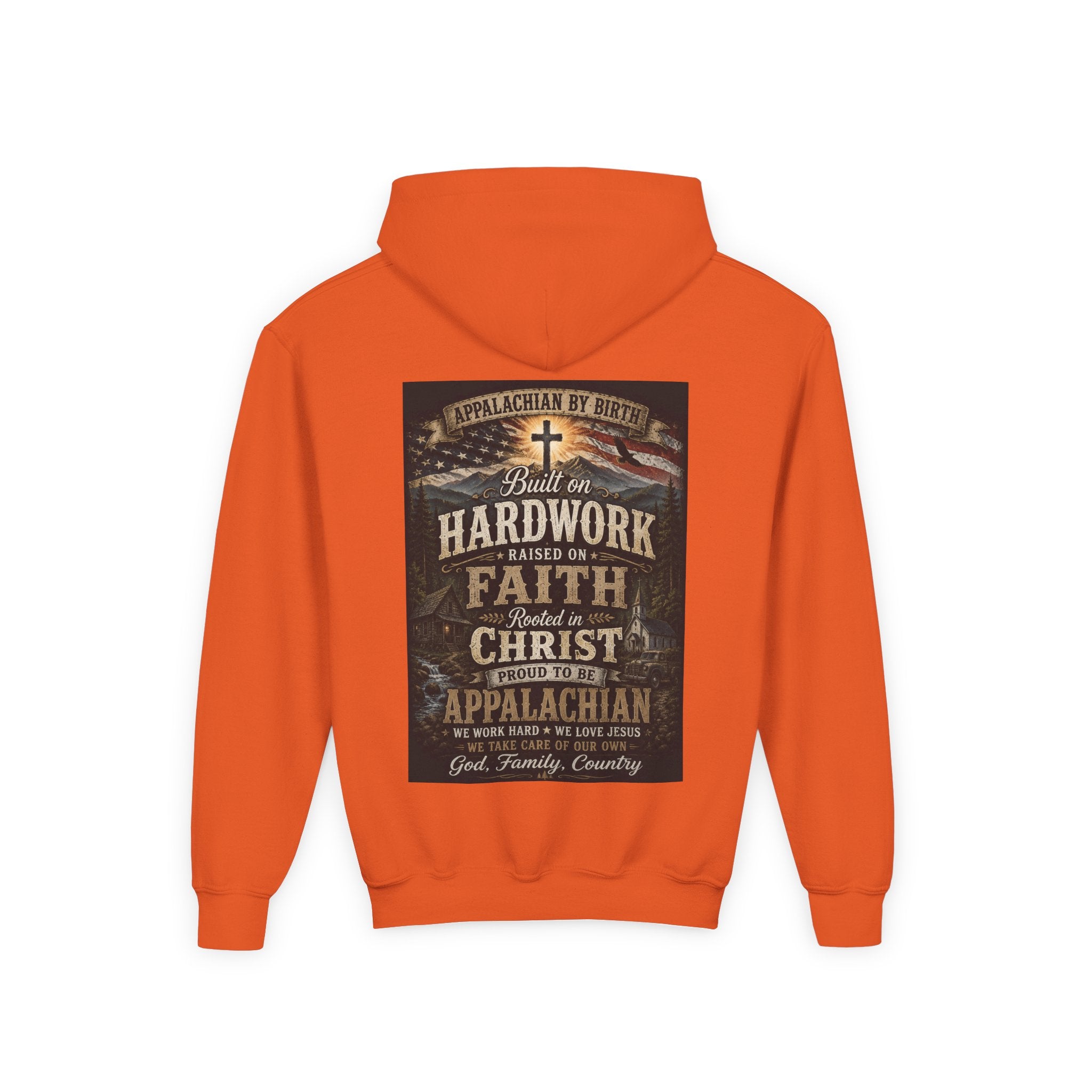 Youth Hoodie — 'Too Country to Care' / Appalachian Faith Graphic