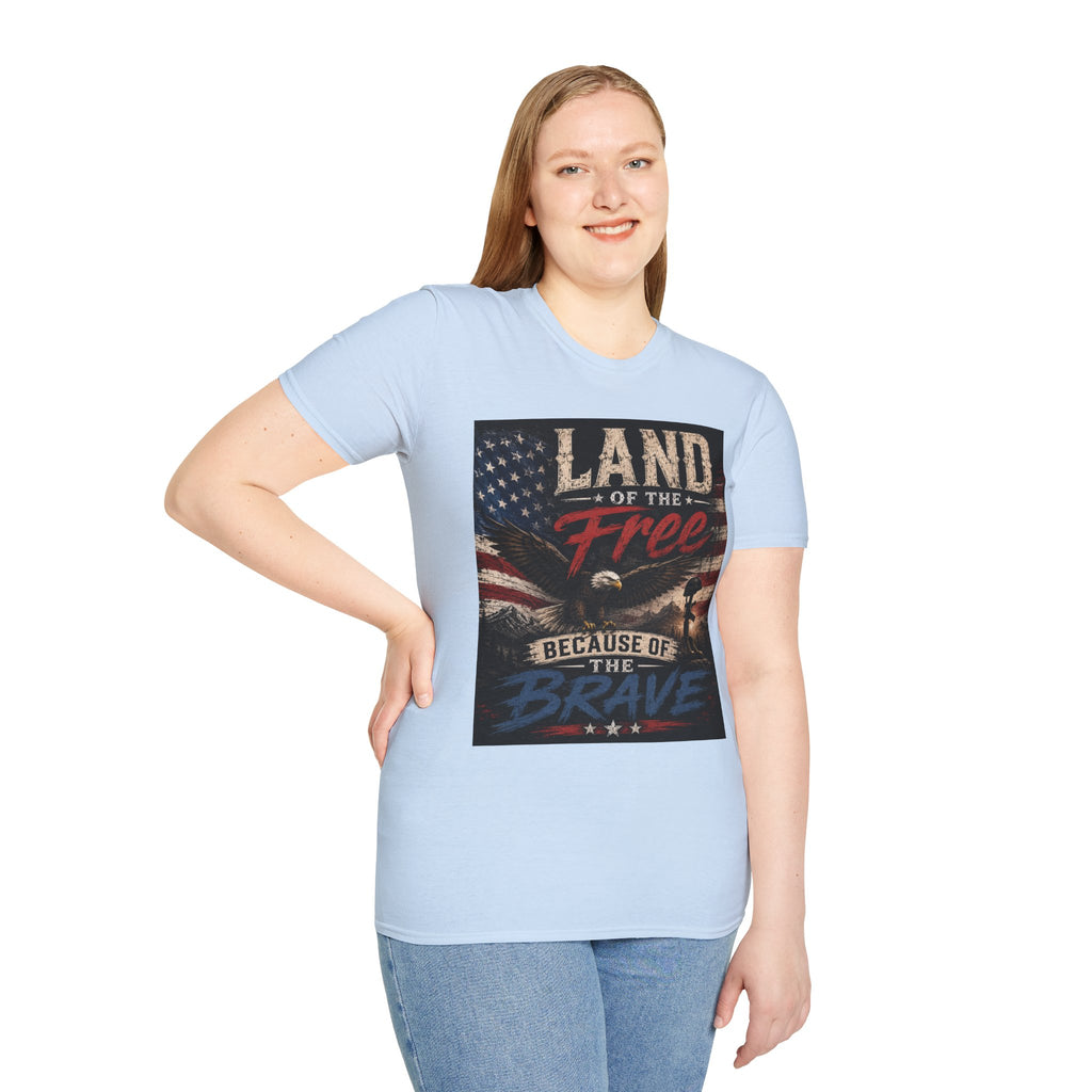 Land of the Free T‑Shirt — Vintage American Flag & Bald Eagle "Because of the Brave"