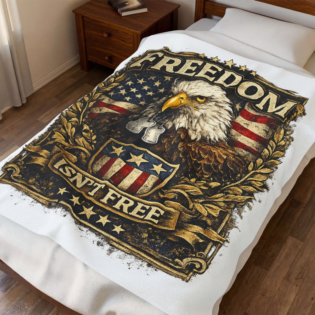 Freedom Isn't Free Velveteen Plush Blanket — Patriotic Eagle Throw for Veterans, Memorial Day & 4th of July