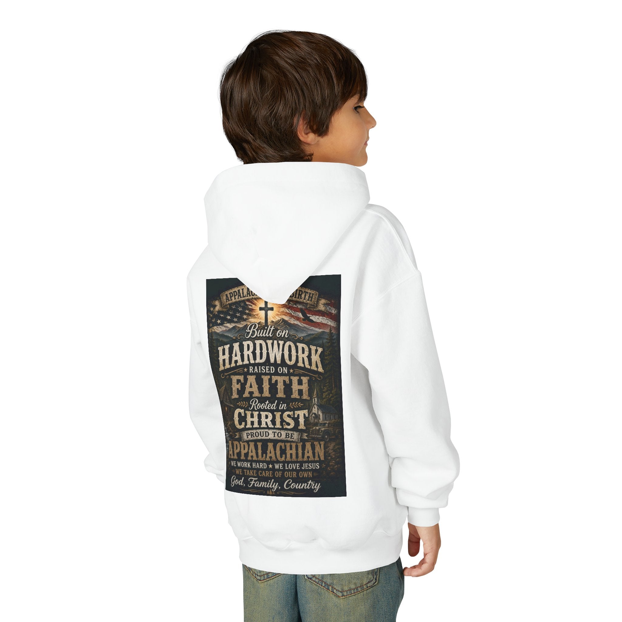 Youth Hoodie — 'Too Country to Care' / Appalachian Faith Graphic