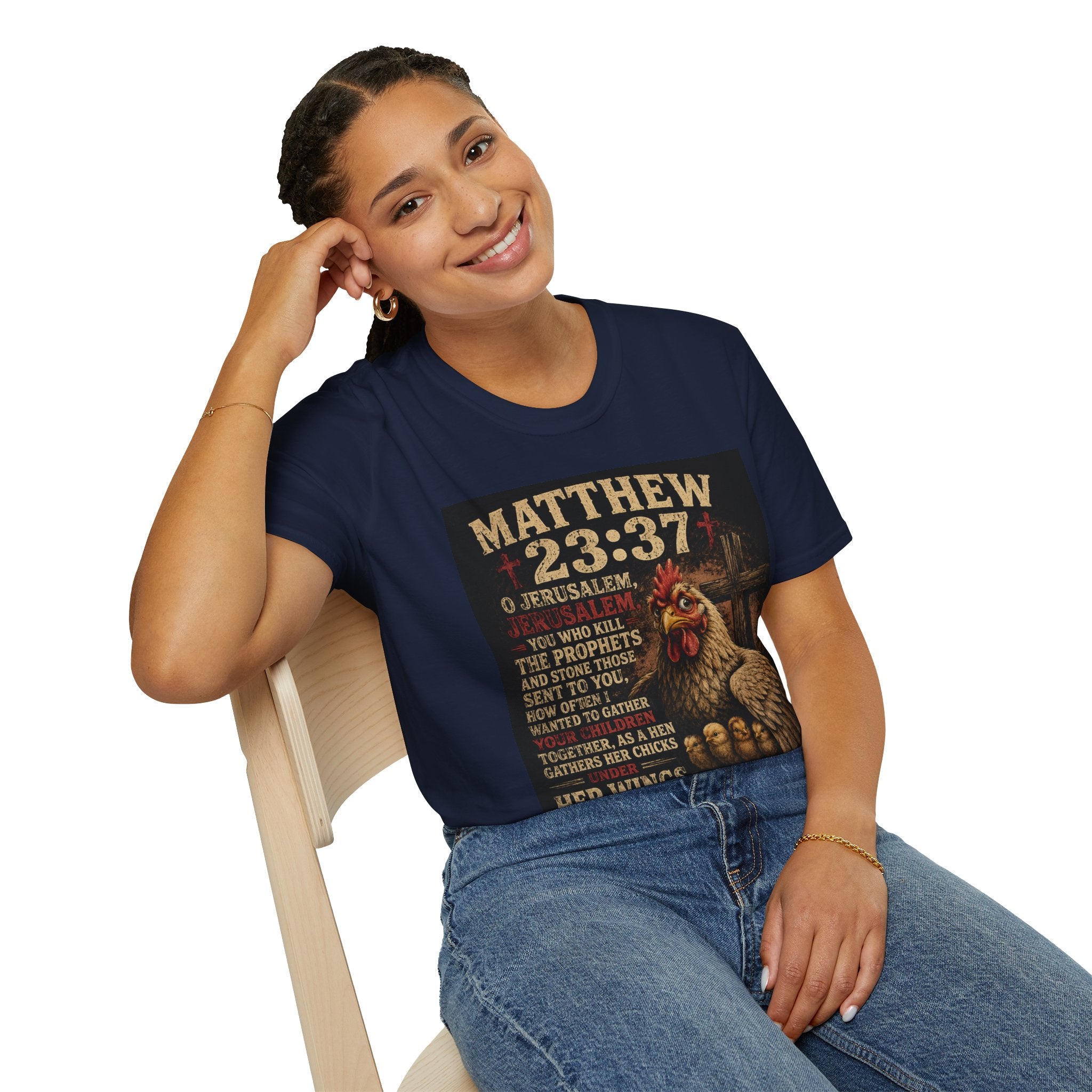 Matthew 23:37 Scripture T-Shirt — Jerusalem Biblical Verse Hen Design