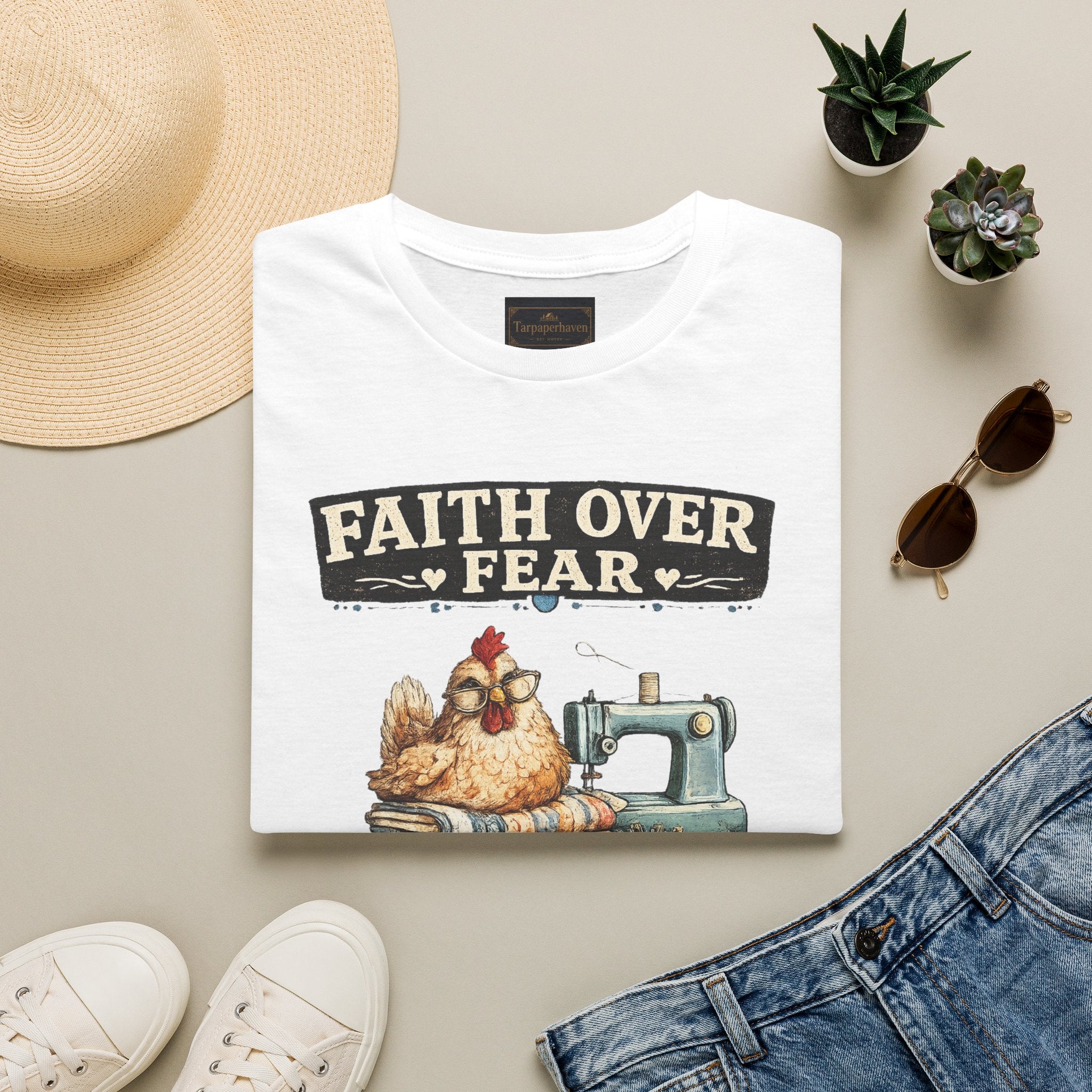Faith Over Fear Quilting T‑Shirt — Chicken & Sewing Machine Graphic