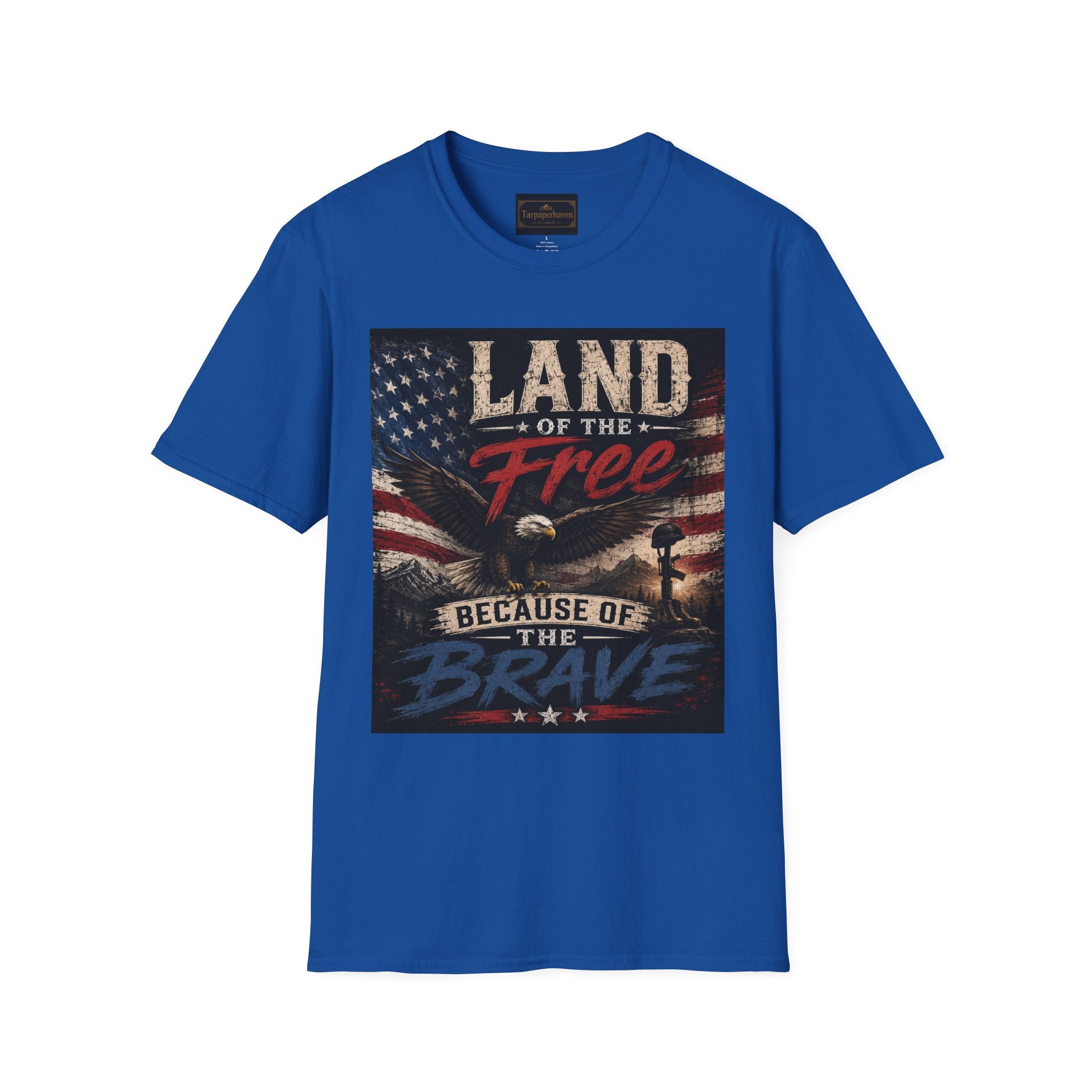 Land of the Free T‑Shirt — Vintage American Flag & Bald Eagle "Because of the Brave"