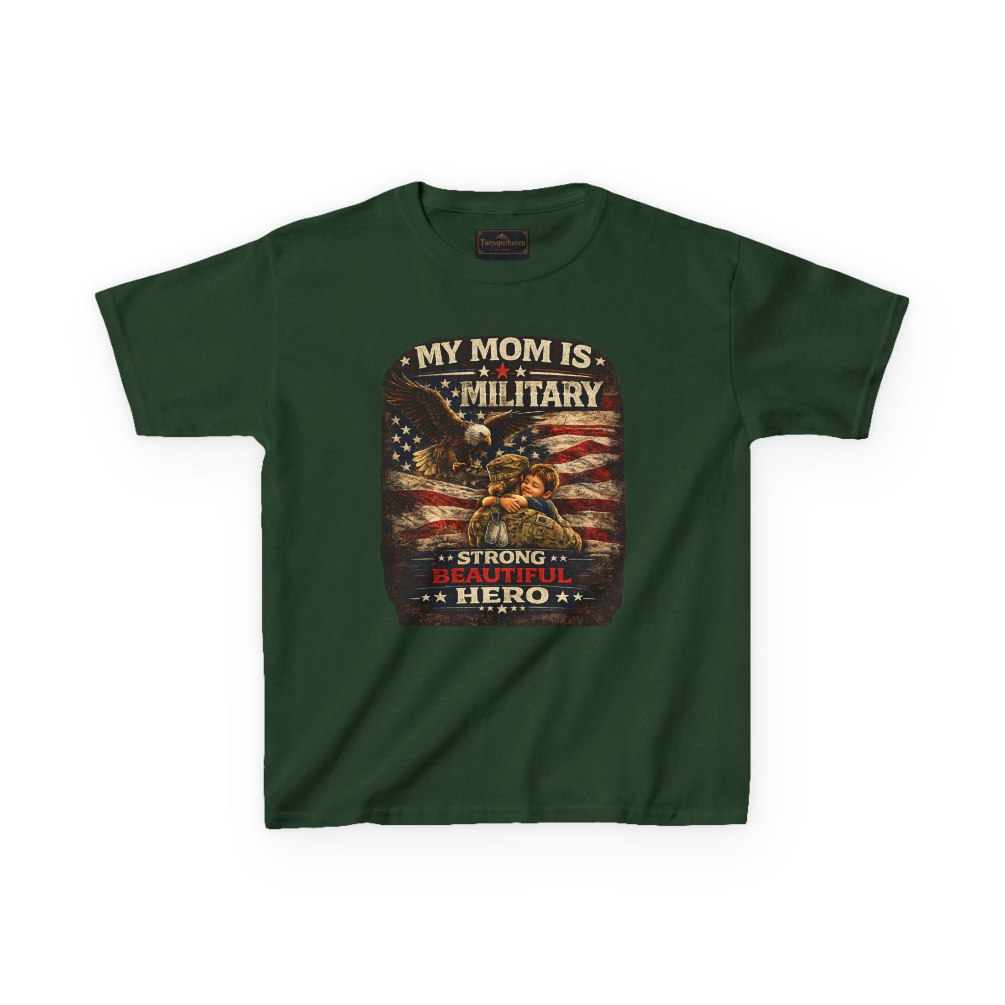 Kids Tee — "My Mom Is Military" Patriotic American Flag Shirt
