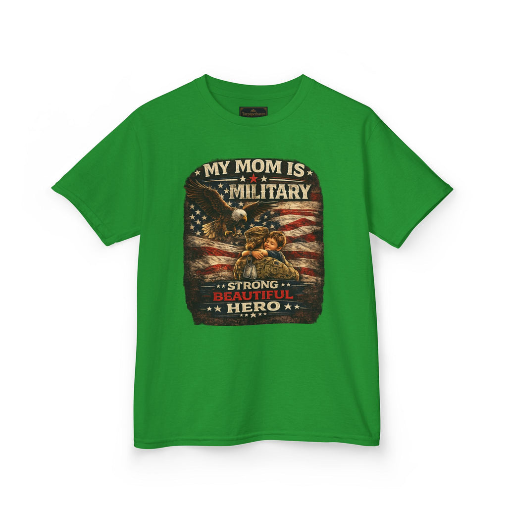 Kids Tee — "My Mom Is Military" Patriotic American Flag Shirt