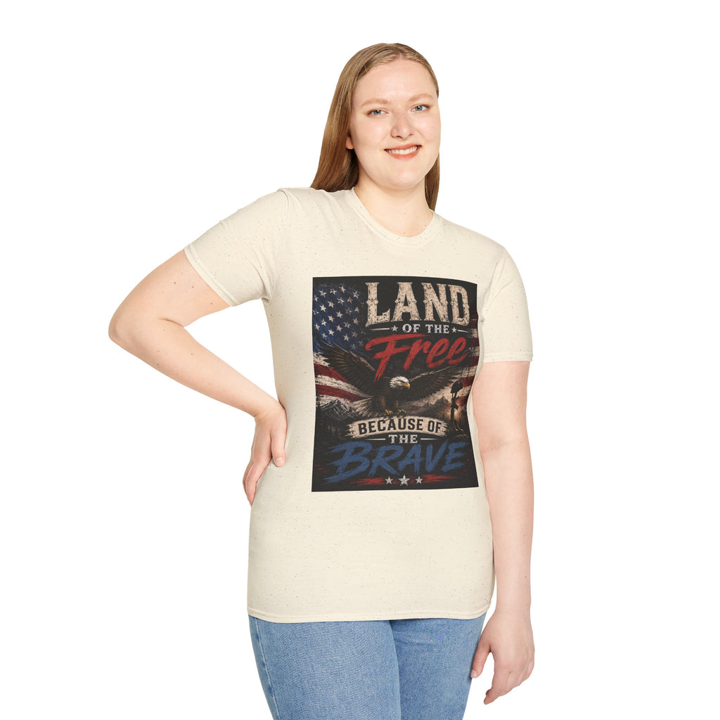 Land of the Free T‑Shirt — Vintage American Flag & Bald Eagle "Because of the Brave"