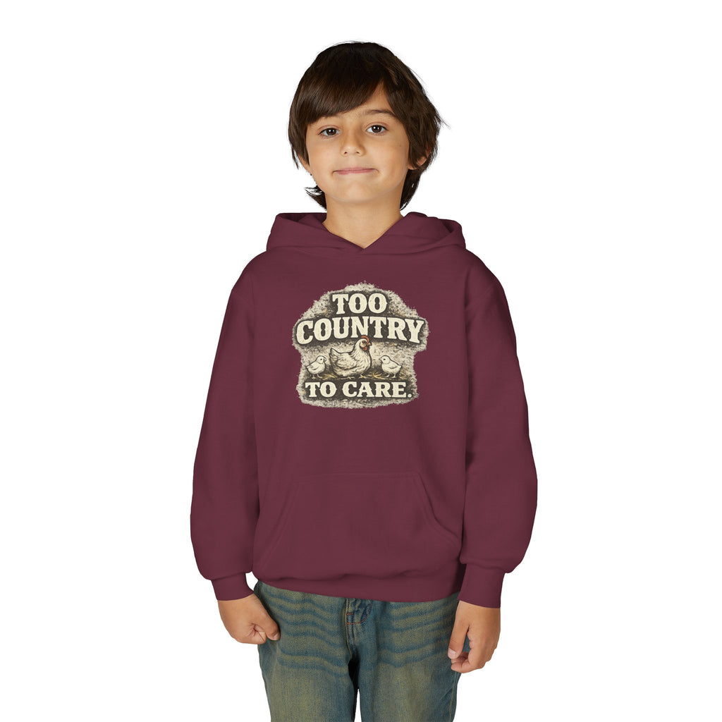 Youth Hoodie — 'Too Country to Care' / Appalachian Faith Graphic