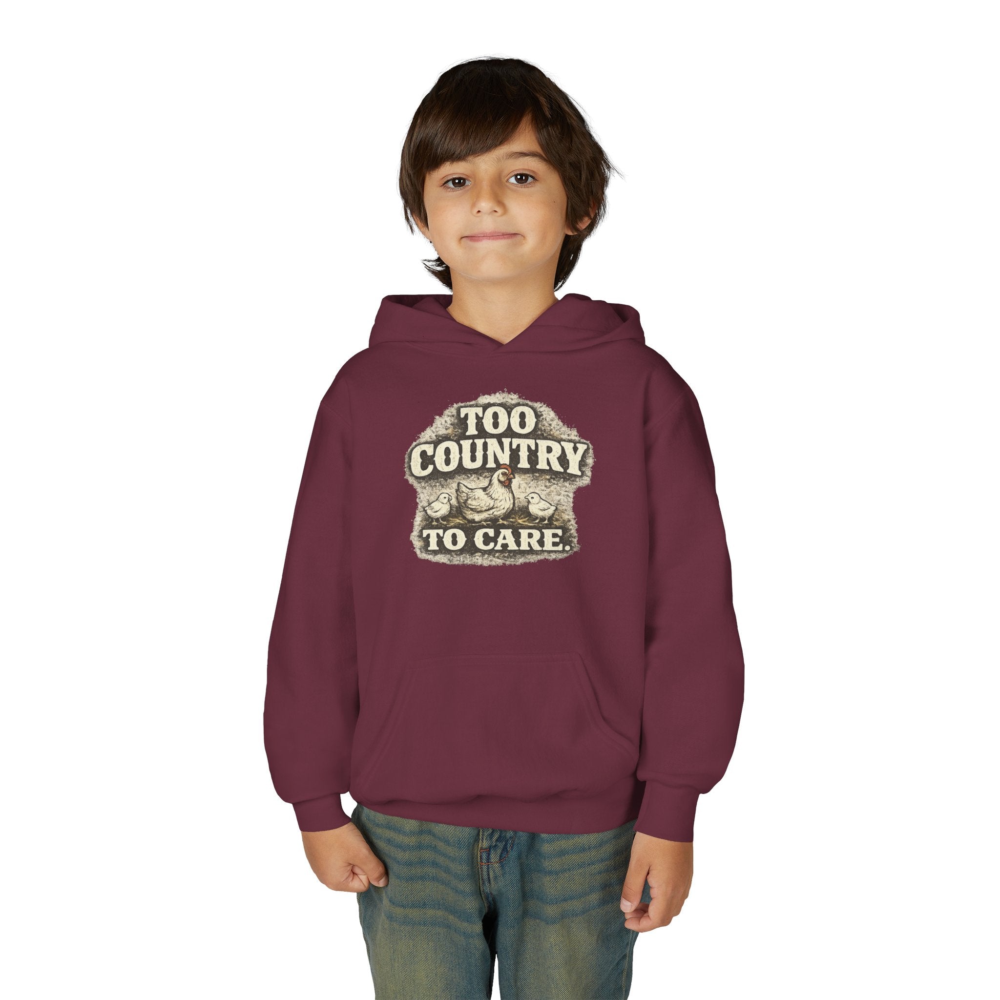 Youth Hoodie — 'Too Country to Care' / Appalachian Faith Graphic