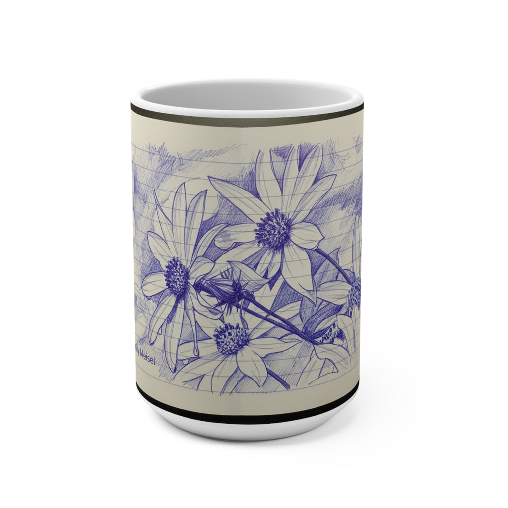 Floral Ballpoint Sketch 15oz Mug — Hand-Drawn Daisies on Lined Paper