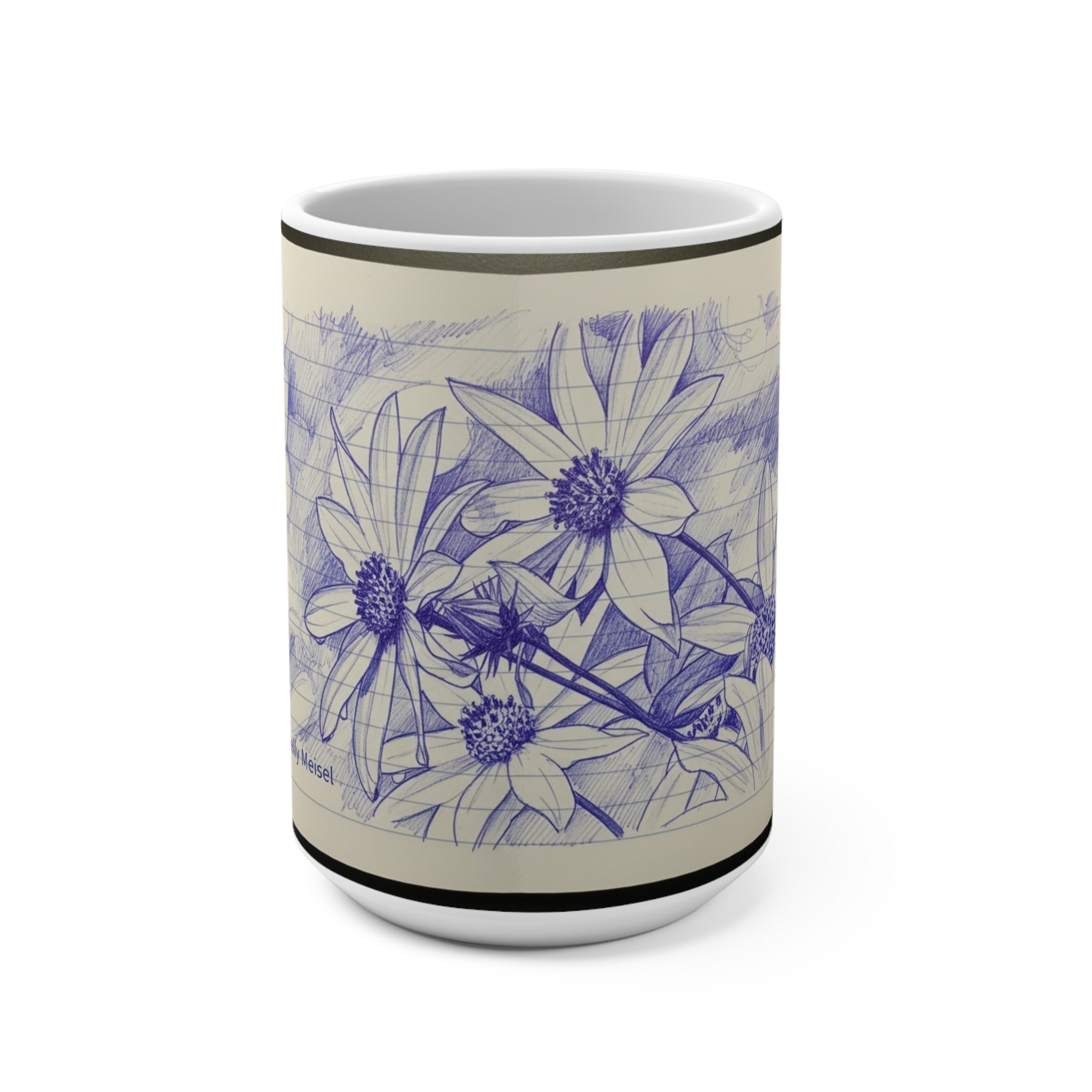 Floral Ballpoint Sketch 15oz Mug — Hand-Drawn Daisies on Lined Paper