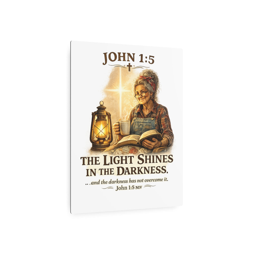 Metal Sign – John 1:5 "The Light Shines in the Darkness" Inspirational Christian Wall Art