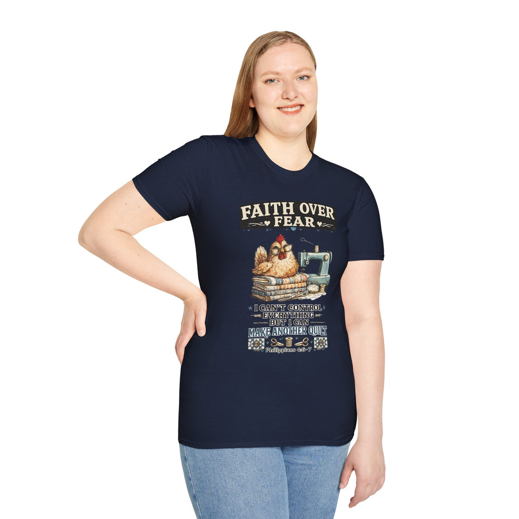 Faith Over Fear Quilting T‑Shirt — Chicken & Sewing Machine Graphic