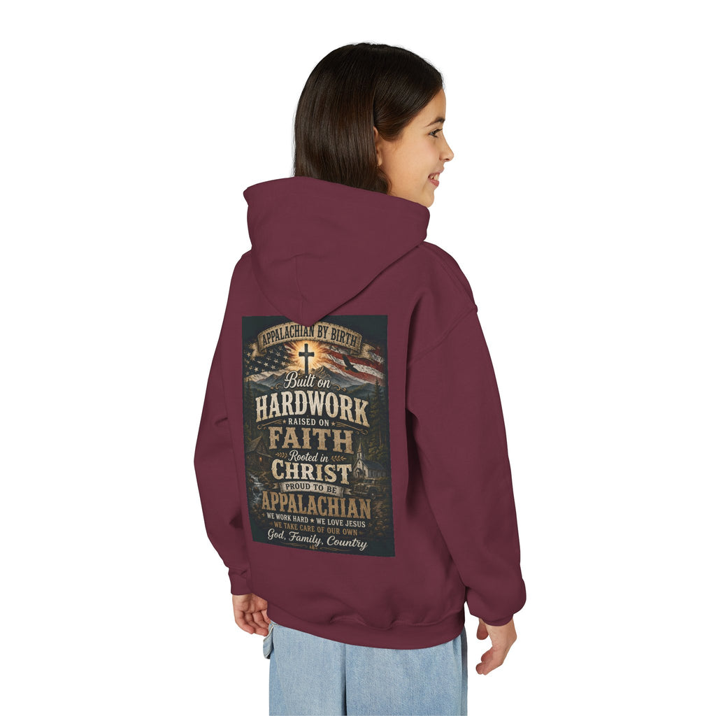 Youth Hoodie — 'Too Country to Care' / Appalachian Faith Graphic