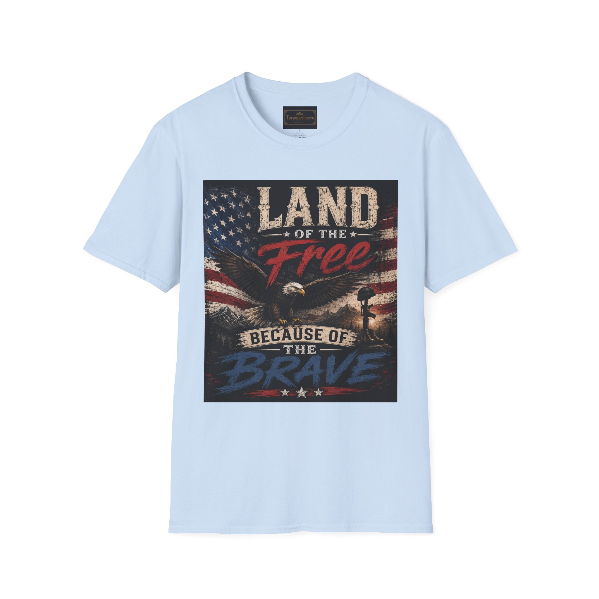 Land of the Free T‑Shirt — Vintage American Flag & Bald Eagle "Because of the Brave"